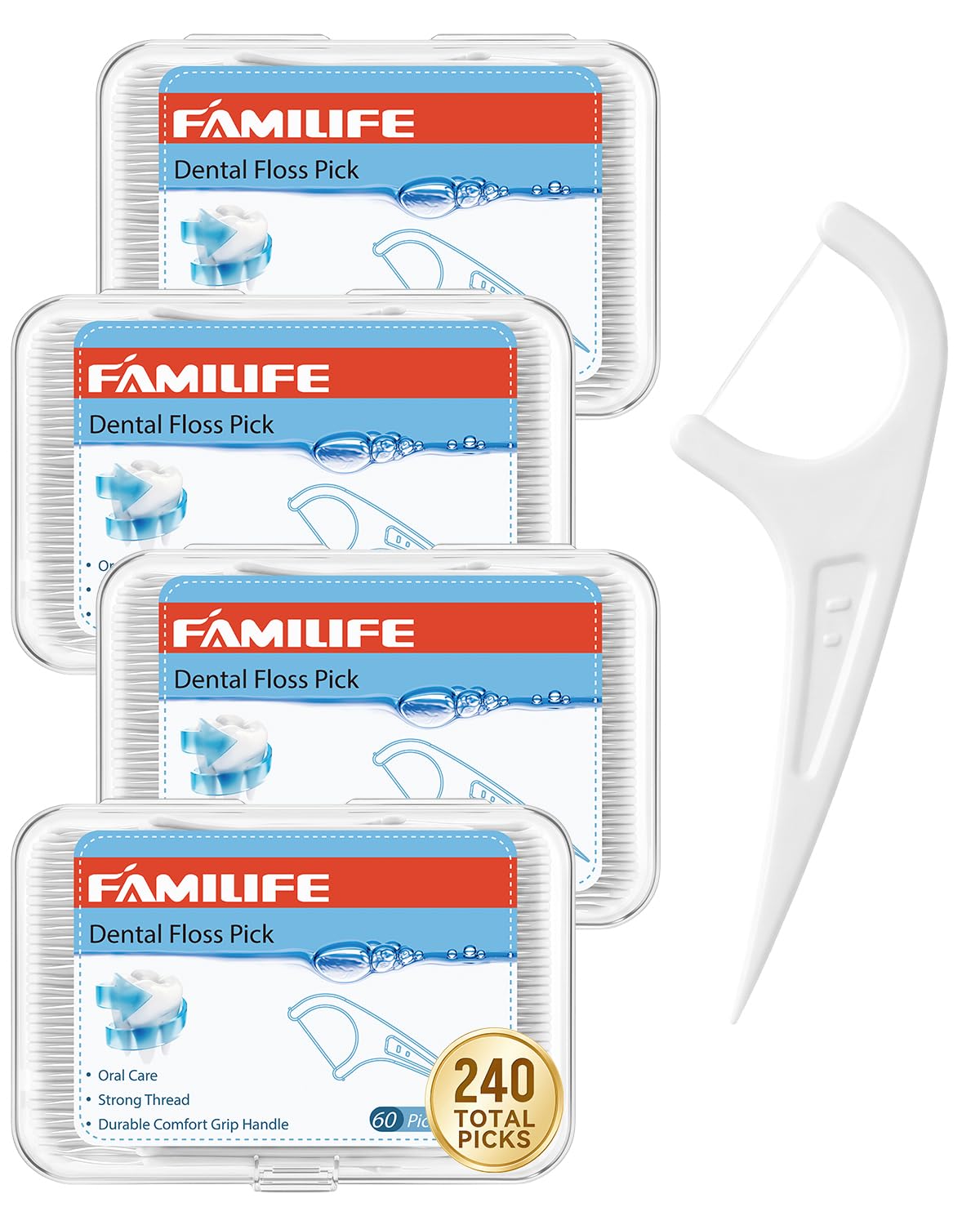 FAMILIFE Floss Picks, 240 Count Unflavored Dental Floss with 4 Travel Cases