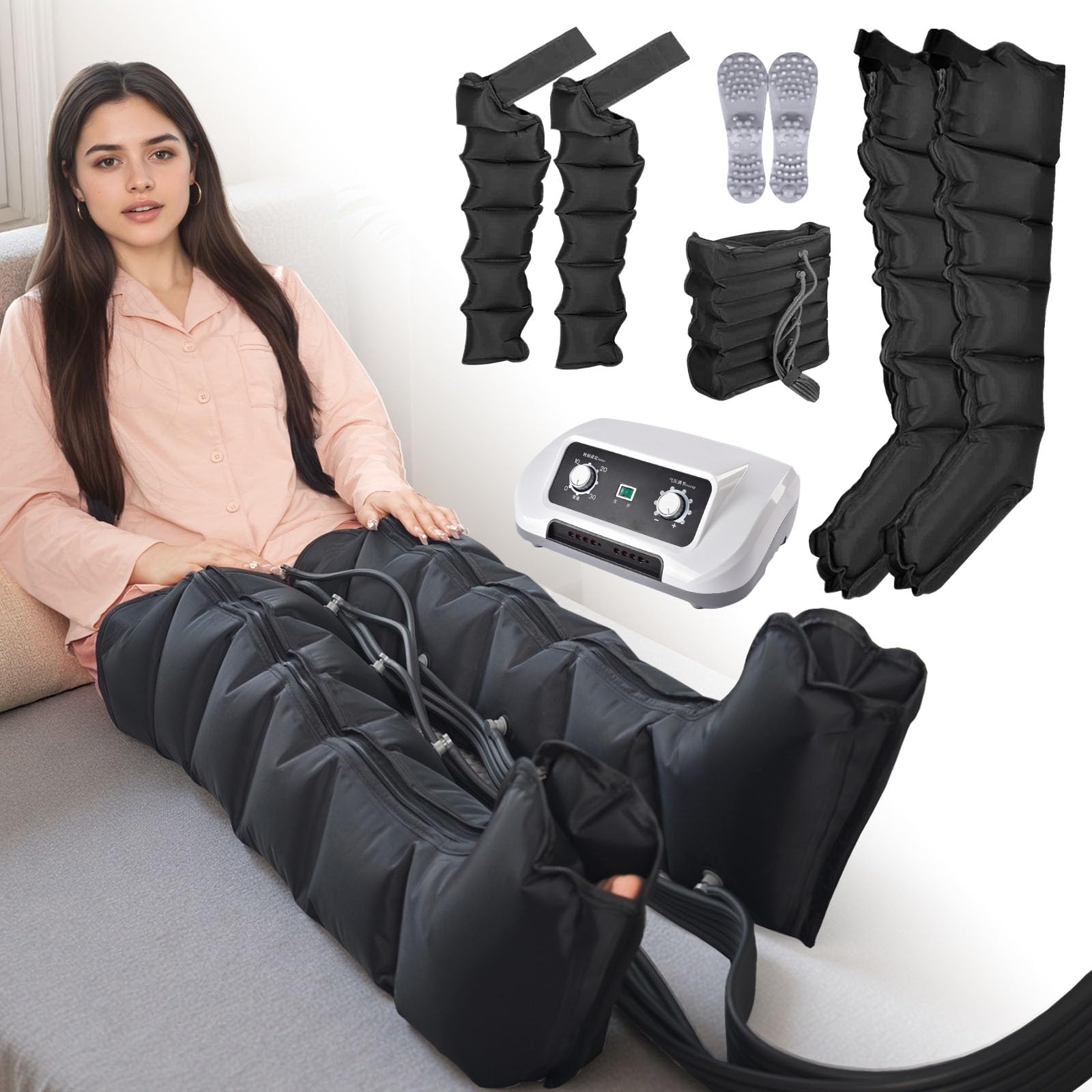 Presoterapia Piernas y Abdomen, Maquina Botas Presoterapia Profesional Para Casa, 6 Camaras Masajeador Botas, 0-30 Min, 30-240 Mmhg Ajustables (Black Piernas+abdomen+brazos, XL)