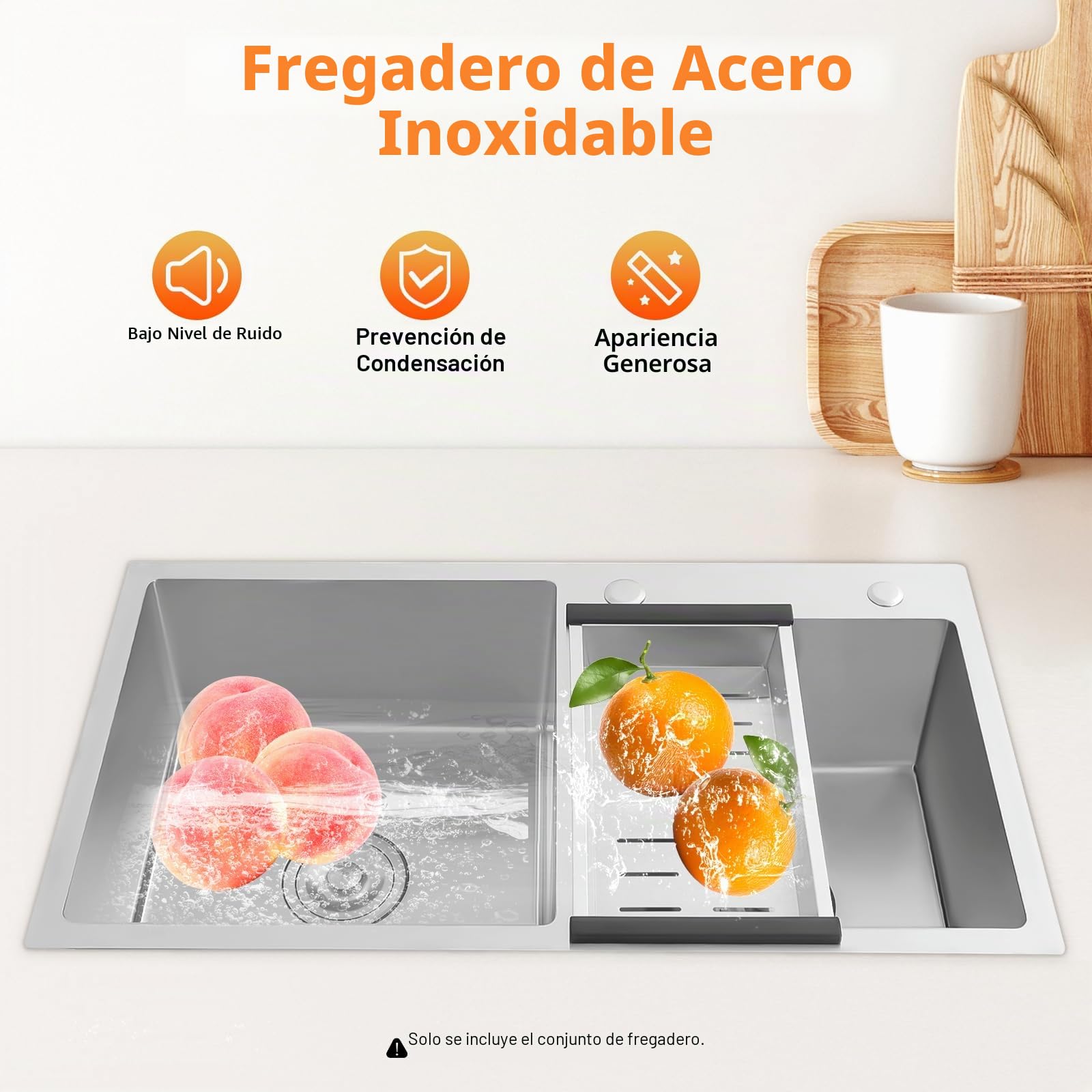 Fregadero doble de acero inoxidable, fregadero de cocina doble con escurridor, bajo encimera de acero inoxidable, fregadero empotrable para cocina, baño, 78 x 43 x 21 cm