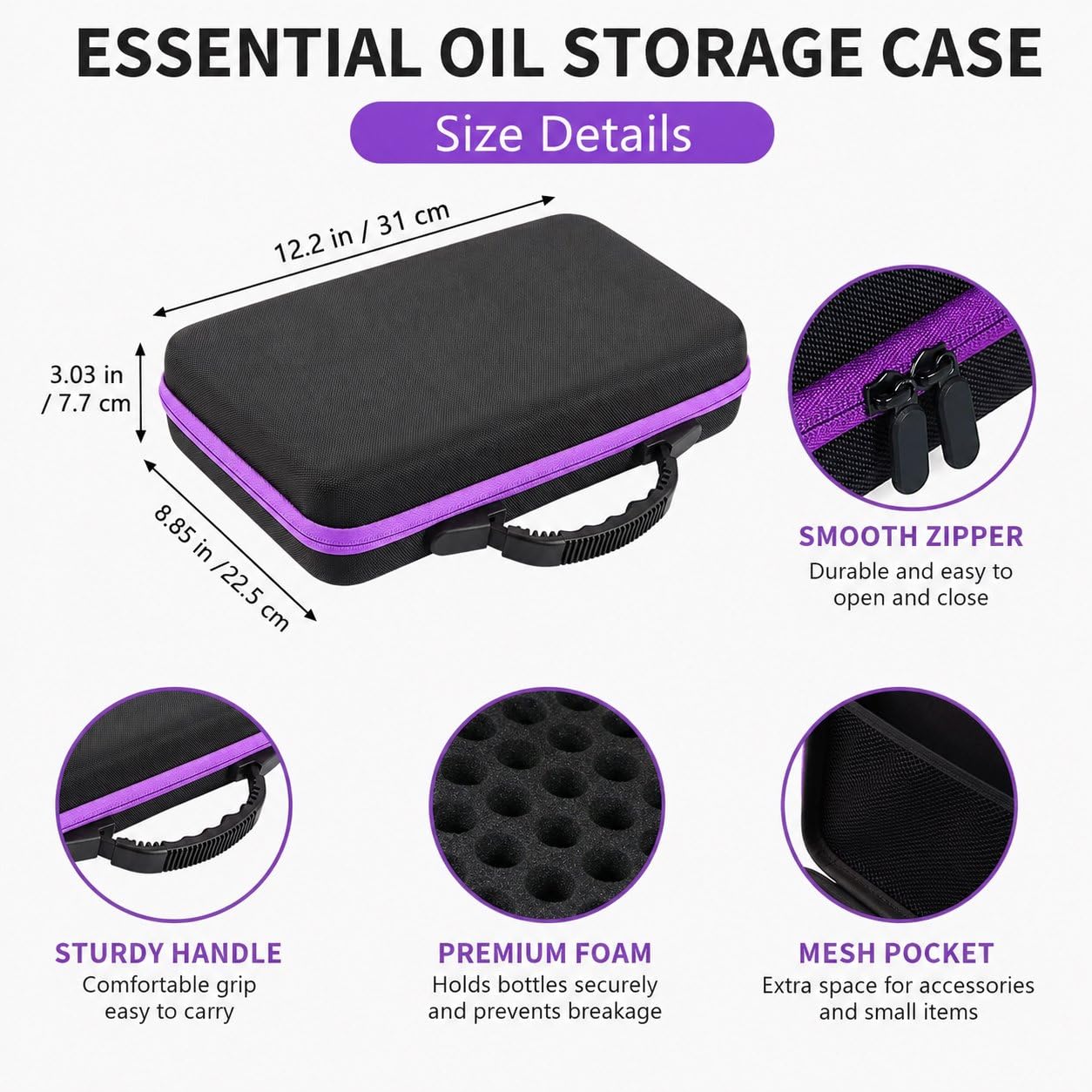 Caja de Aceite Esencial, 60 Rejillas Botellas Aceites Esenciales para Aceites Esenciales de 5 ml, 10 ml, 15 ml, Estuche de Viaje de Transporte Carcasa Dura Organizador de Almacenamiento Exterior
