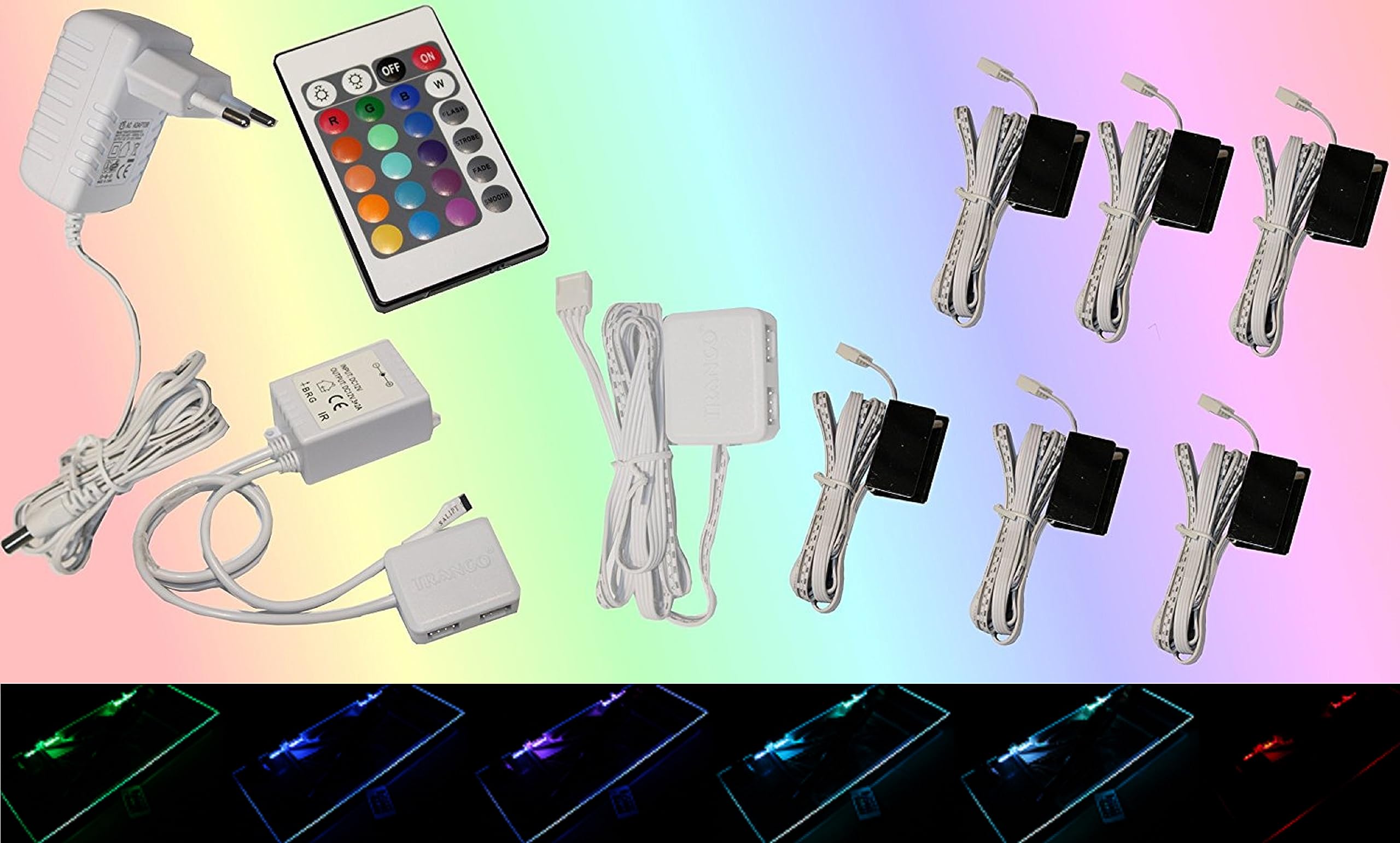 Trango 6er Set 5022-06 RGB Farbwechsel LED Glaskantenbeleuchtung inkl. Fernbedienung Schrankbeleuchtung Glasbodenbeleuchtung Vitrinenbeleuchtung LED Clips Möbelbeleuchtung