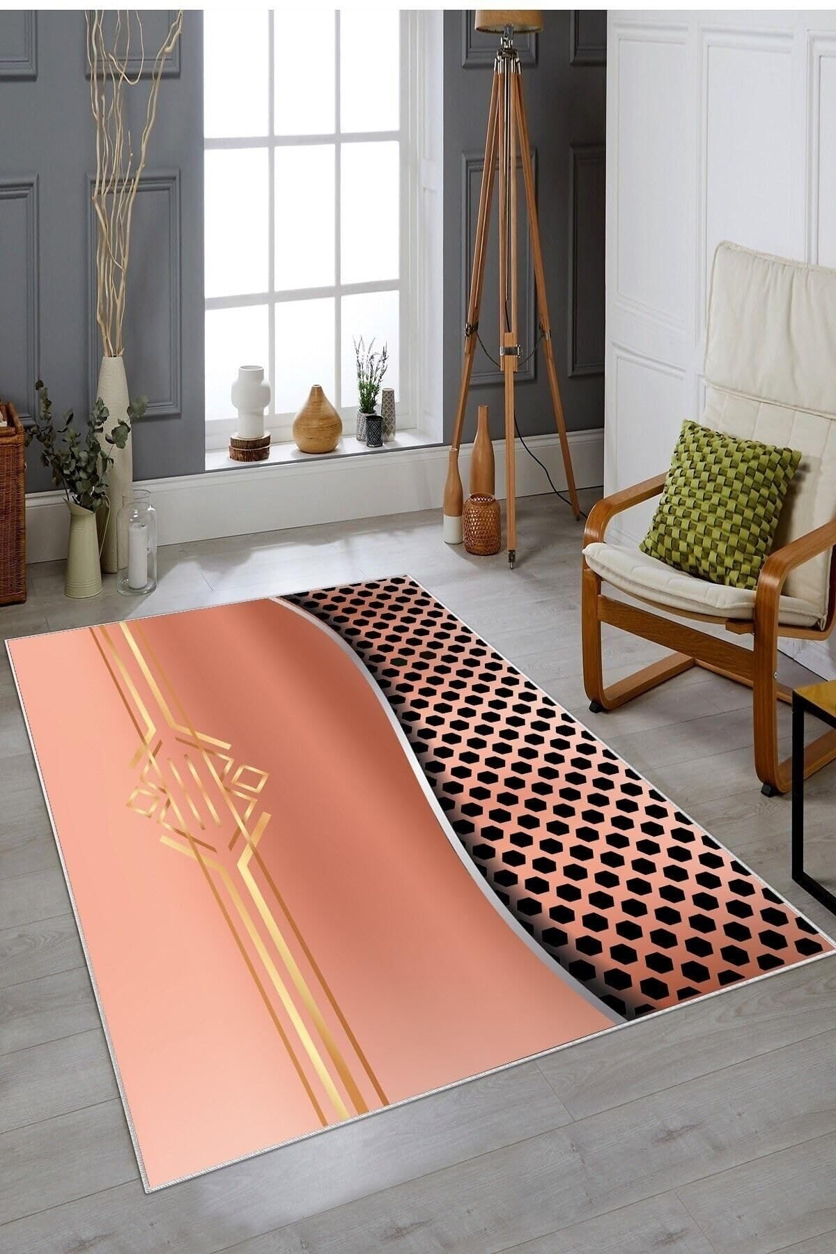 Pelangi Pembe Gold Şeritli Yıkanabilir Kaymaz Taban Leke Tutmaz Modern Salon Halısı Ve Yolluk, Pembe 180 x 250, 135811518025005