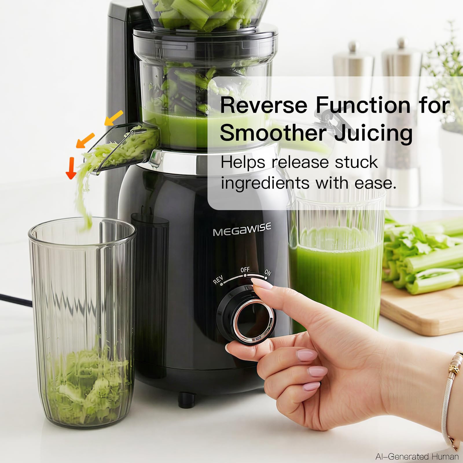 MEGAWISE Presse-agrumes à froid, presse-agrumes 800 W pour fruits et légumes, jus riche en nutriments, fonctionnement silencieux, montage et nettoyage faciles, convient pour la maison