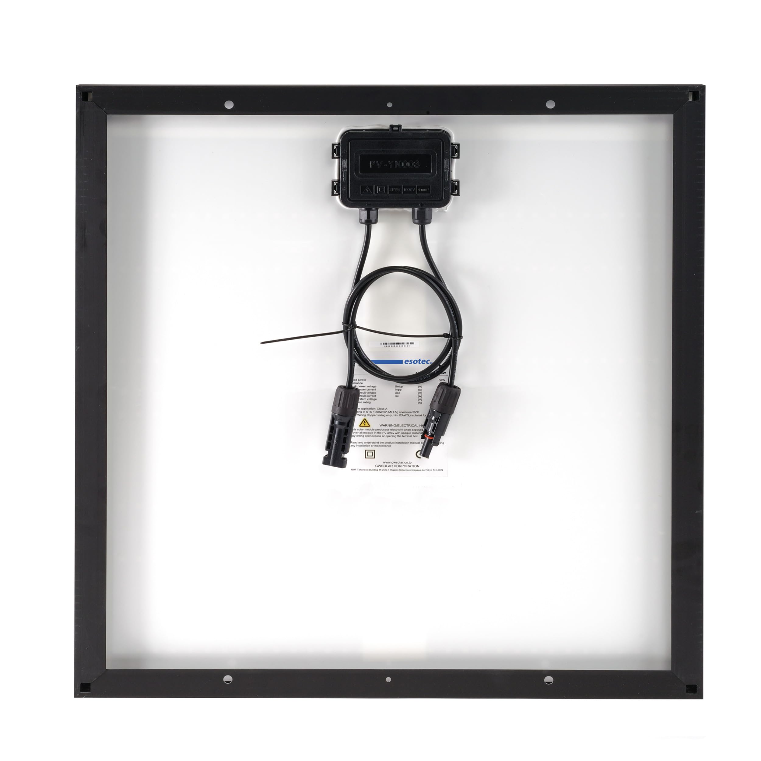 esotec monokristallines Solarmodul, 50Wp, 38V, 530x490x35mm, MC4 kompatibel, Dachschindeltechnologie, Kabel 2x0,5m, 35mm Alurahmen, Bypass Dioden, Hageltest ICE 61215 wetterfest winterfest 131076