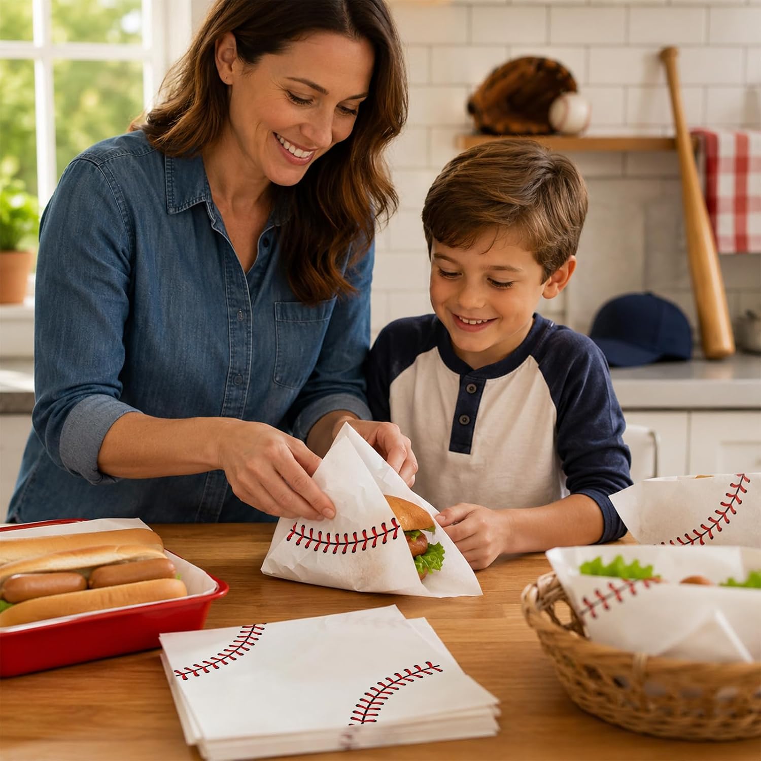Whaline 150 Sheets Baseball Wax Paper Deli Paper, Sports Ball Red White