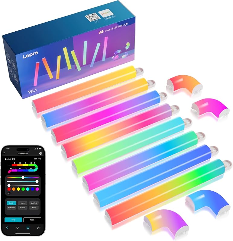 Lepro WL1 AI Smart RGB luces de pared con LightBeats Music Sync, diseñador de iluminación AI personalizado, control de voz a través de aplicación, barras de luz LED Wi-Fi y Bluetooth, 8 piezas con 4 esquinas