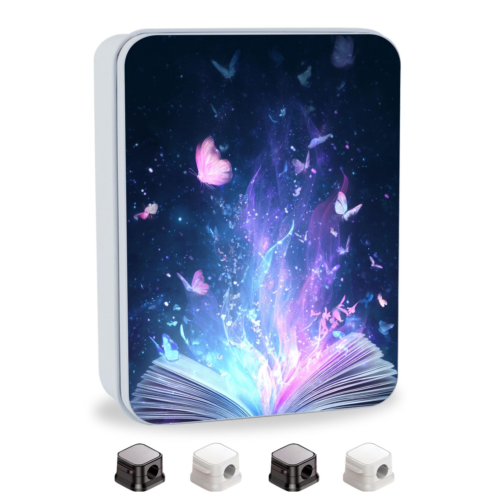 Metal Tin Box with Lid,Multi-functional Storage Box Can Store Tea Biscuits Game Cards, Playing &amp; Tarot Cards-Comes with 4 Magnetic Cord Clips,Magical Book with Butterflies