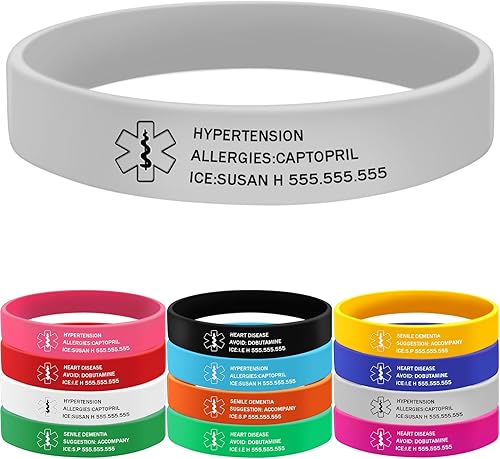 Miniatura 10 de MissNaNa Pulseras médicas de silicona personalizadas de varios colores, pulsera de alerta de identificación de emergencia grabada para mujeres