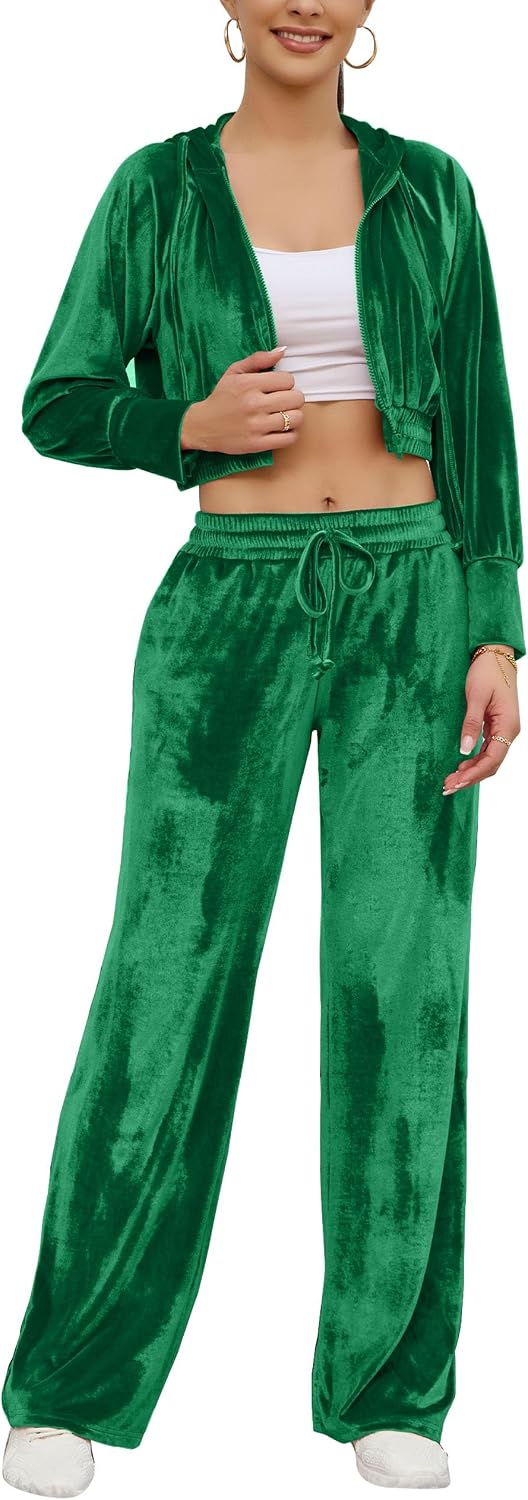 Flygo Women's 2 Piece Velour Sweatsuits Sexy Bodycon Outfits Zip Crop Tops Tracksuit Drawstring Flare Pants Set