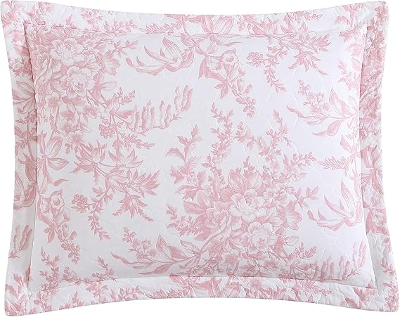 Laura Ashley - Queen Quilt Set, 100% Cotton Cover with Cotton Blend Fill, Prewashed for Softness, Reversible Floral Bedding with Matching Shams (Pink)