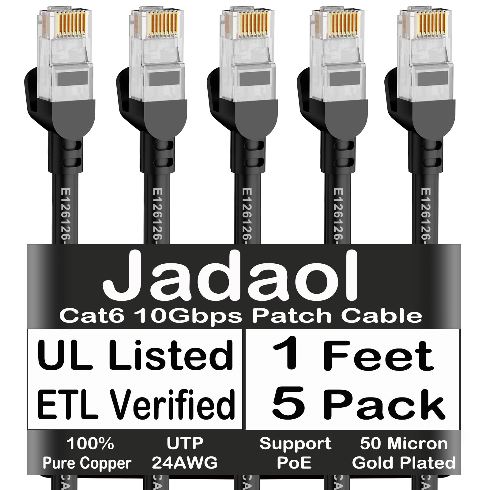 Jadaol Cat6 Ethernet Patch Cables 1ft 5-Pack, 10Gbps 24AWG Pure Copper RJ45 Cat6a Patch Cable, Support Cat8/7 Network, Outdoor&Indoor Rated for Patch Panel to Switch, Server, Router, Modem, PC - Black