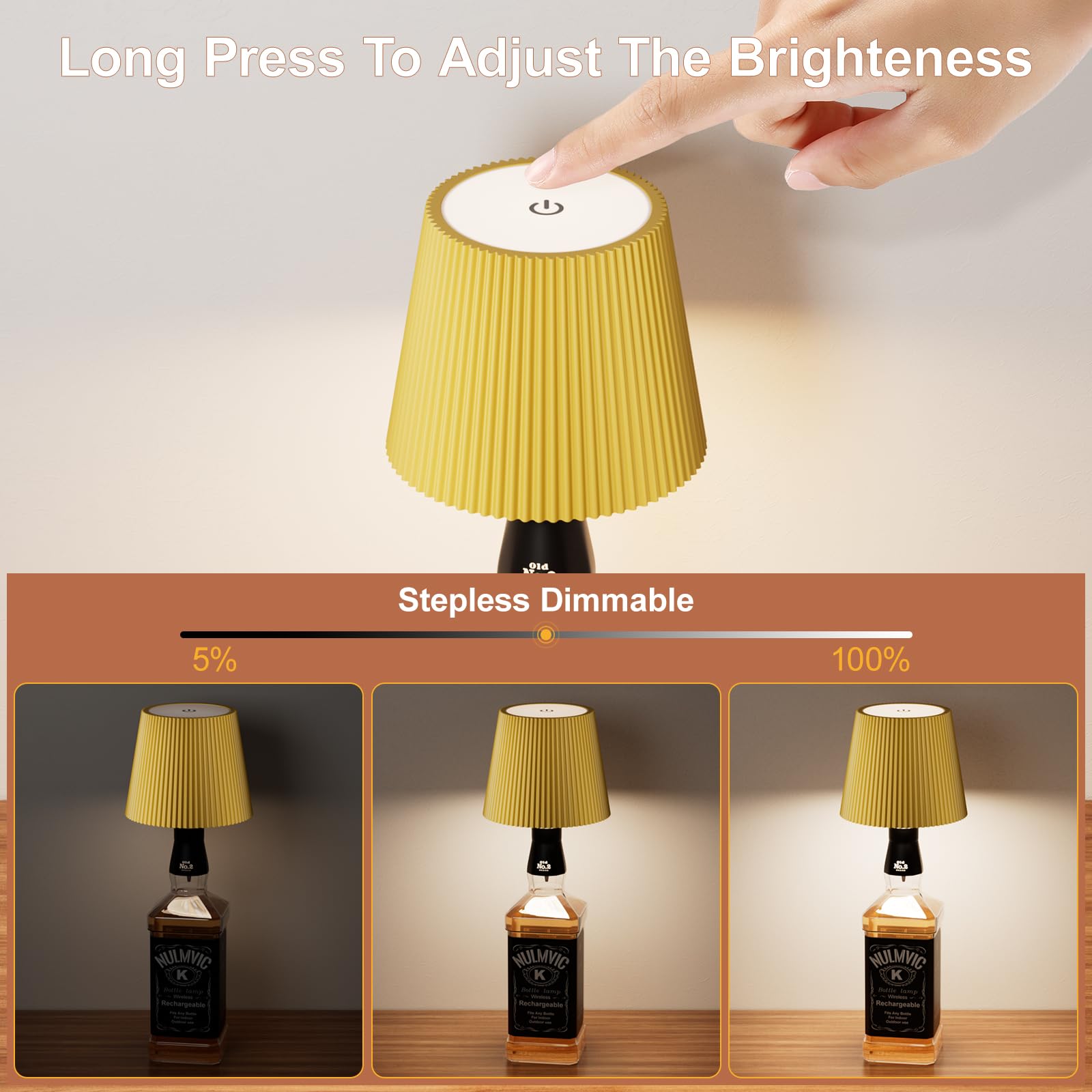 Nulmvic Lampada per Bottiglia LED Ricaricabile - 5200mAh Lampada da Tavolo Senza Fili Dimmerabile 3 Colori - IP54 Impermeabile Comando a Tocco per Interno Esterno Famiglia Ristorante Bar (Oro)