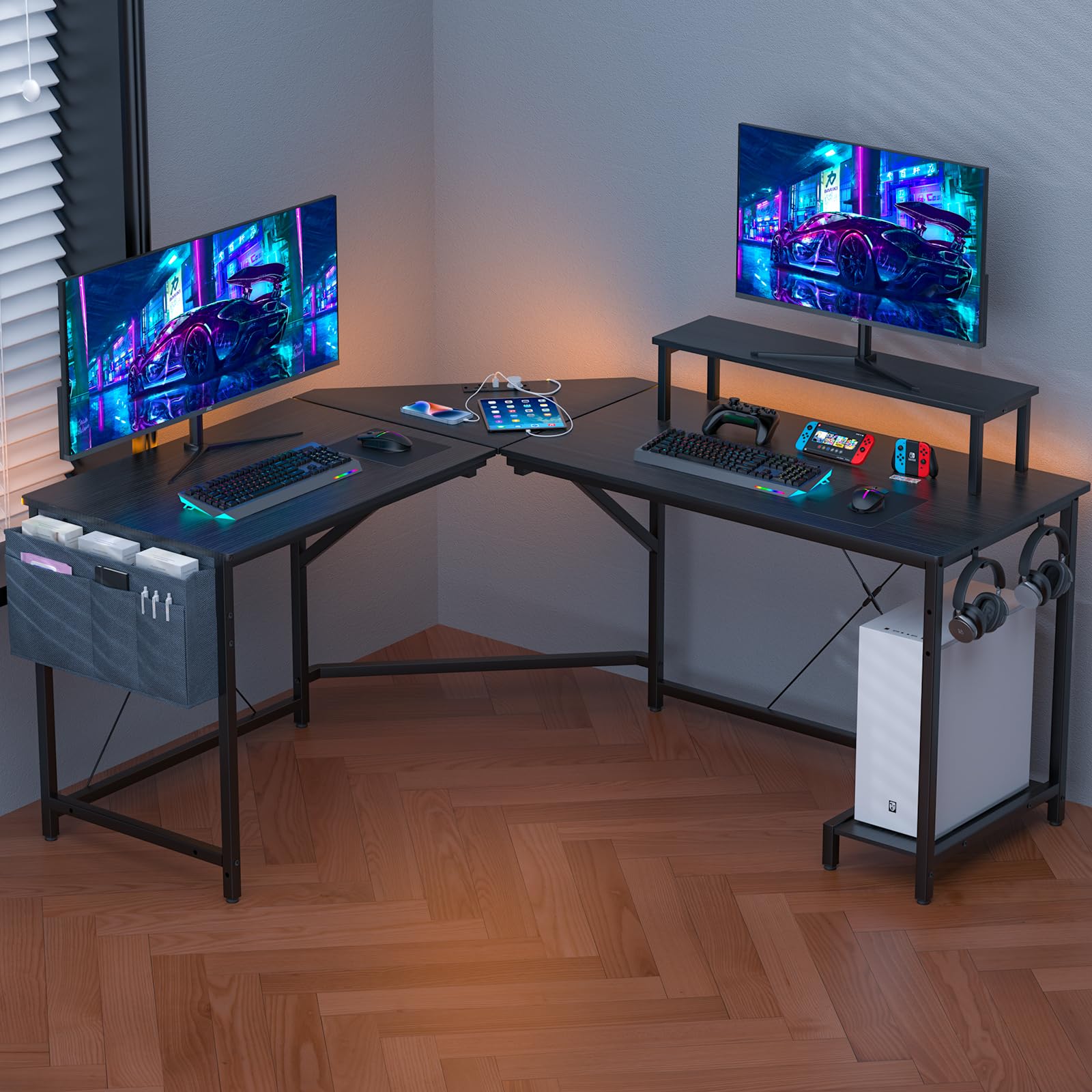 Bureau d'angle Informatique Gaming avec Fonction de Chargement, en Coin pour Ordinateur Station de Travail, pour Gamer, Table en Bois, pour Maison et Bureau Noir