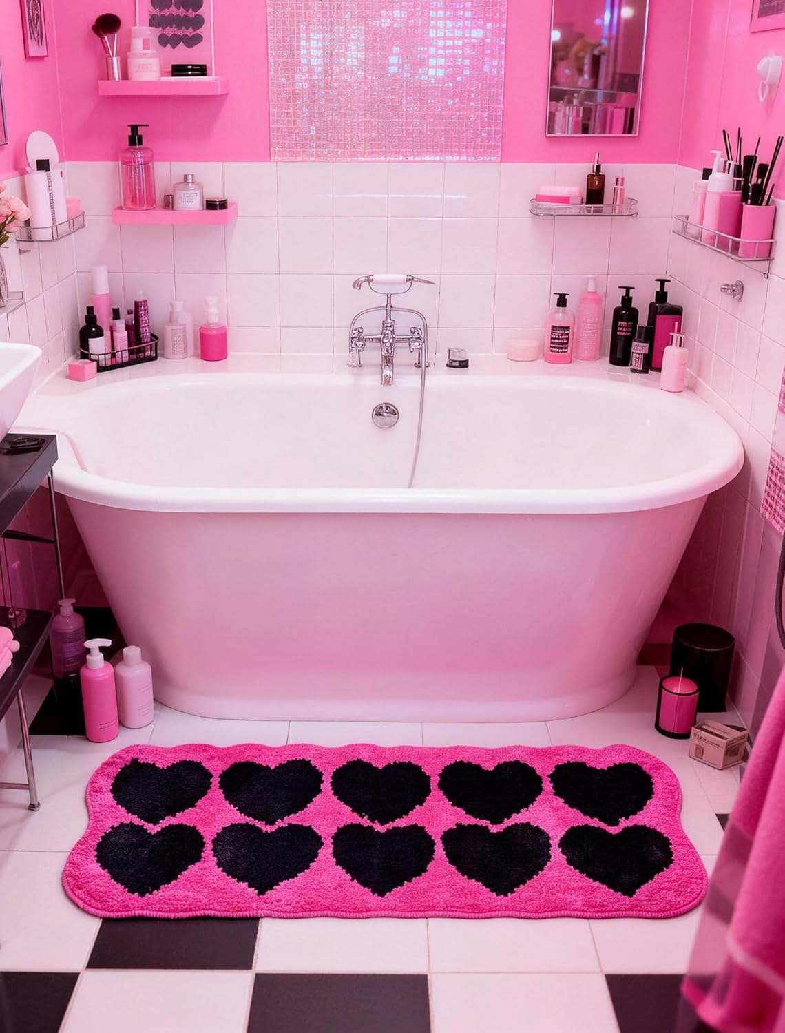 Cool Hot Pink and Black Trashy Y2K Rug Carpet for Bedroom Bathroom (Size: 15.7“x47”), 2000S Mcbling Baddie Trashy Y2K Scene Room Bedroom Decor Aesthetic for Teen Girls