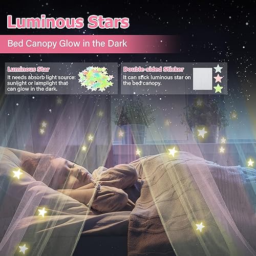 Miniatura 3 de Toldo de cama con luces, toldo de cama para niñas princesa con estrellas luminosas, cortinas de cama para cama de tamaño individual a King,