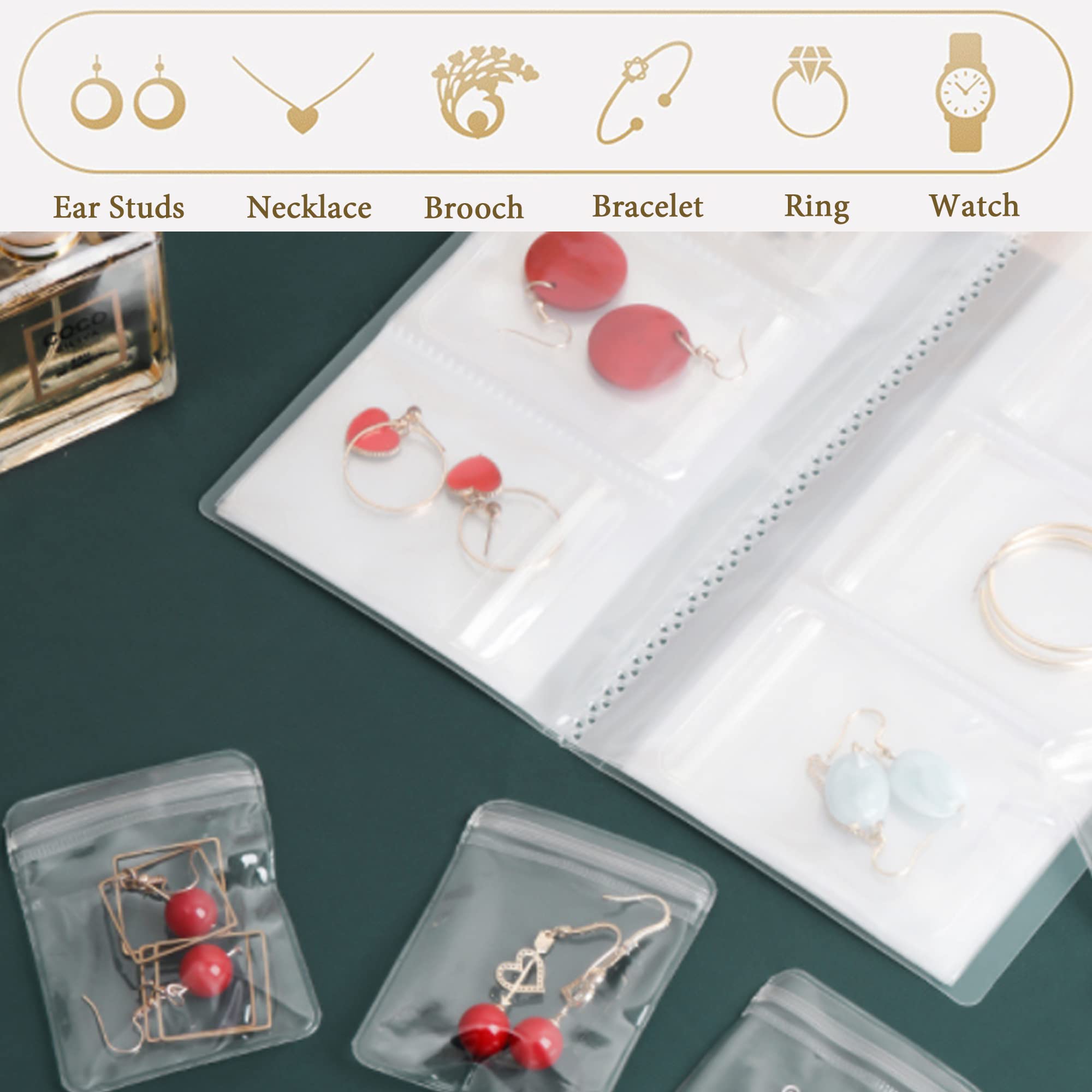 Libro de almacenamiento de joyas, antioxidación y anti-Terning, bolsas de joyería transparentes para anillos, pendientes, pulsera, broche (80 cuadrículas + 50 bolsas)