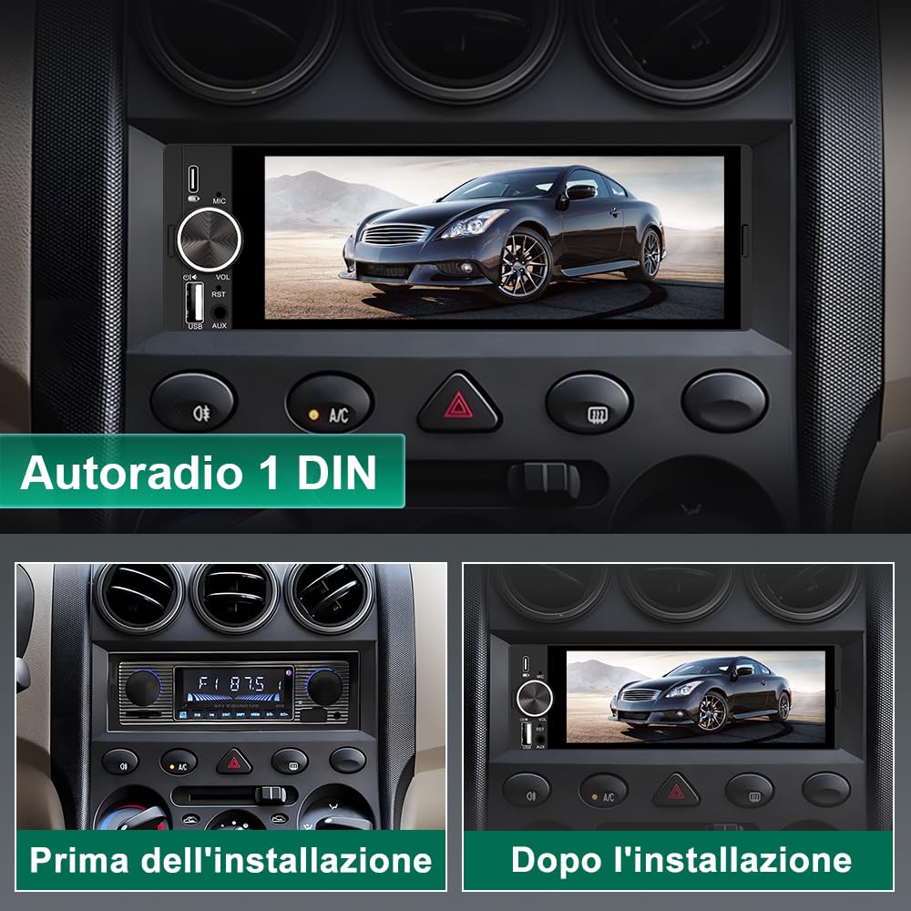 Autoradio Bluetooth 1 DIN con Schermo | CarPlay & Android Auto Wireless FM USB Tipo-C Comandi al Volante