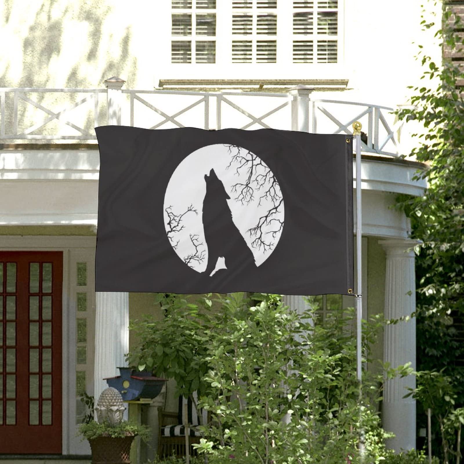 BOXIMIAO Wolf-Vollmond-Flagge, 90x150 Cm, Polyester, Doppelseitig – Gartenflagge Für Hof, Balkon & Deko