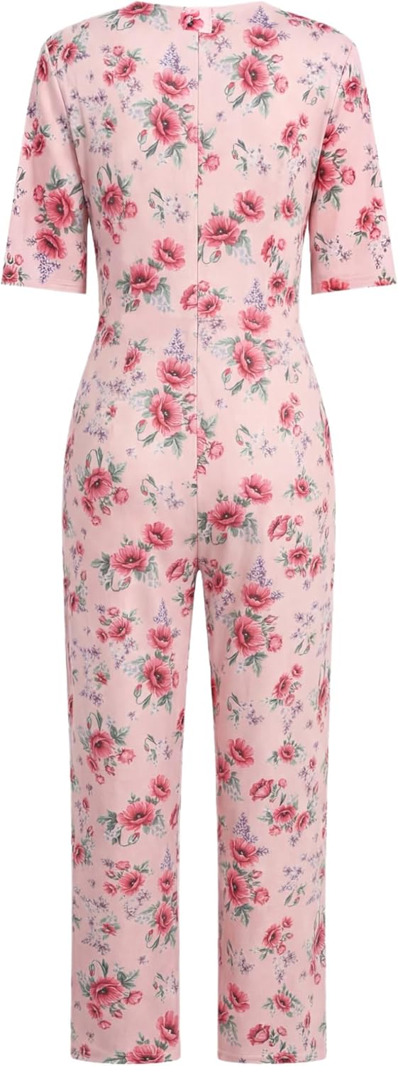 YEAHDOR Short Sleeve Floral Print Anti-Strip Adaptive Jumpsuit for Elderly Women Seniors Incontinence Care