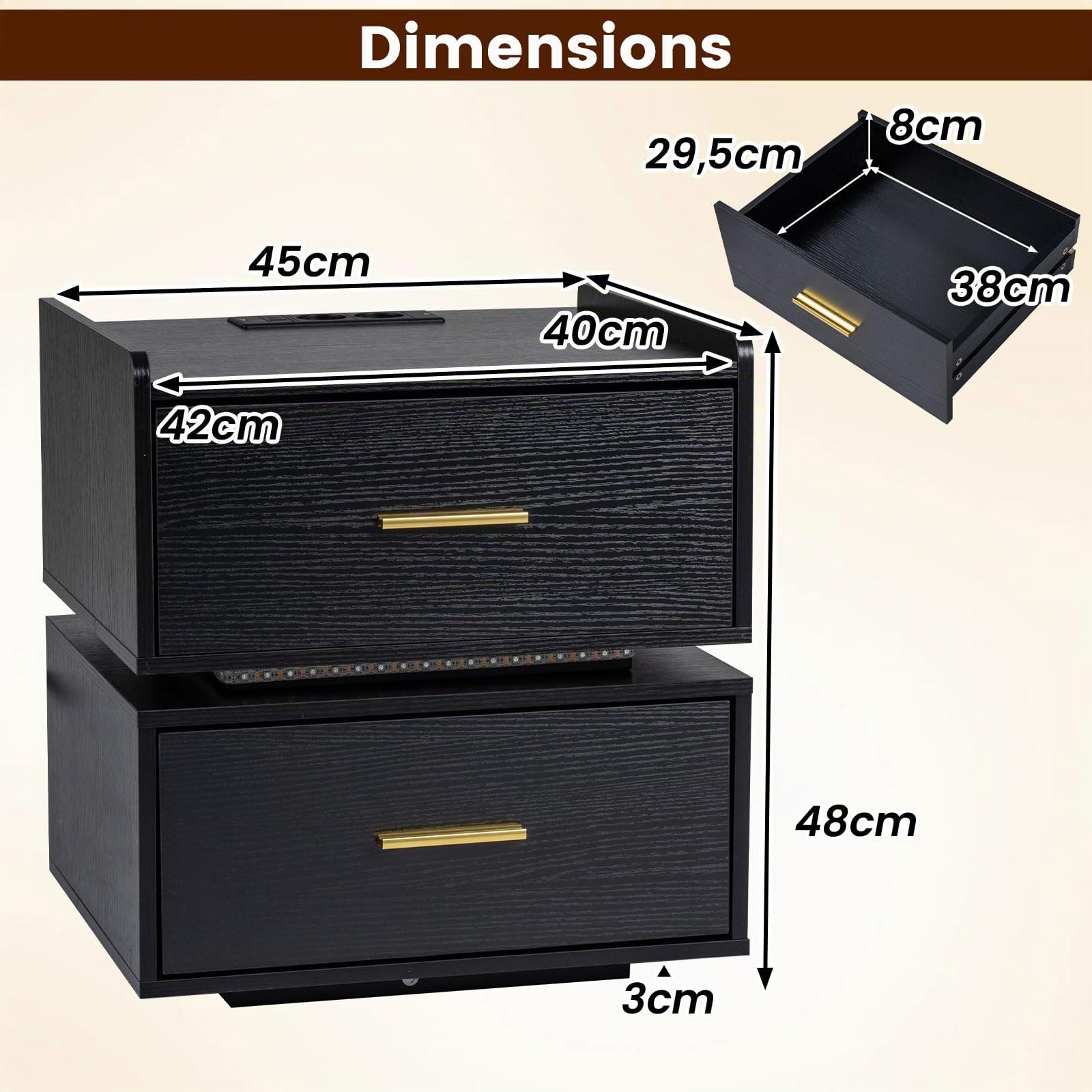 COSTWAY Table de Chevet avec Prise Intégrée, Table de Nuit LED avec 2 Tiroirs, 16 Couleurs, Design Semi-Flottante, Base Métallique, Grain de Bois, pour Salon, Chambre (1,Noir Bois)