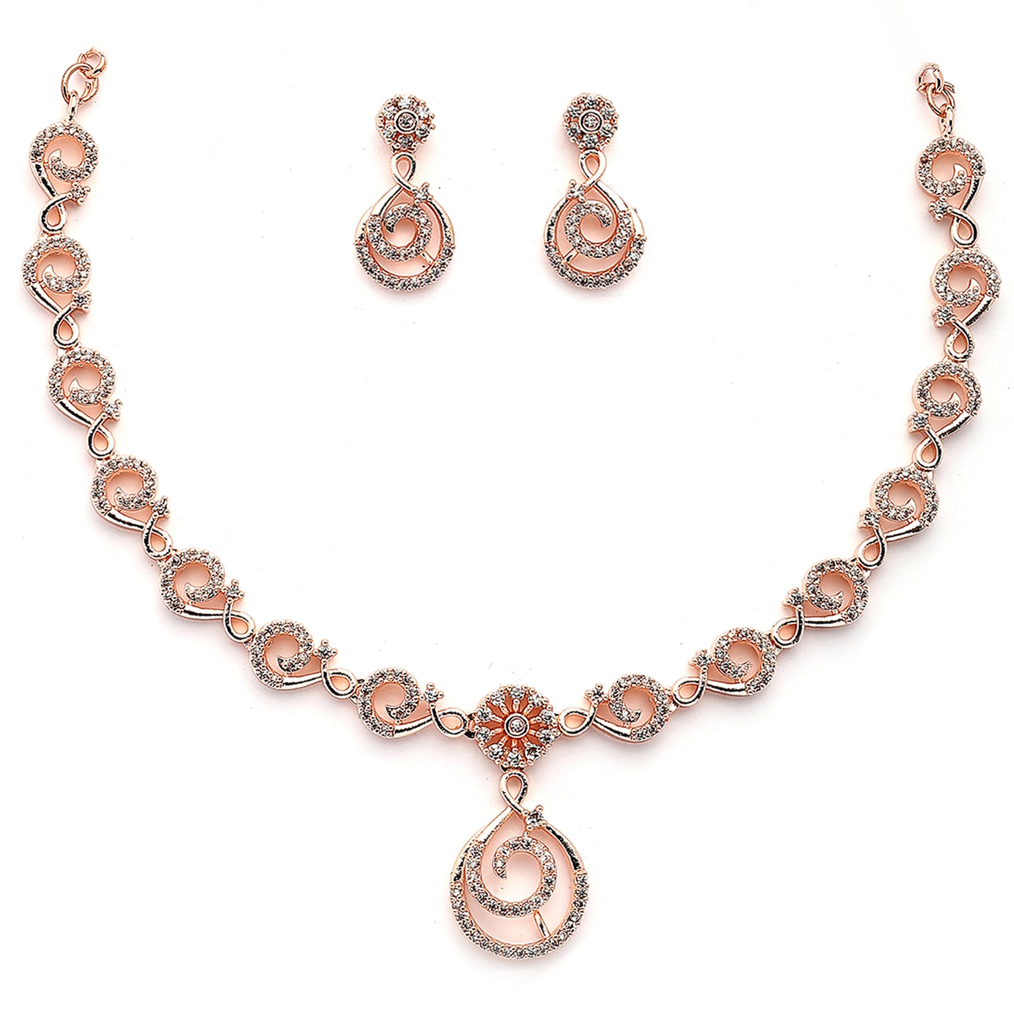 zeneme White American Diamond Studded Spiral Shaped Necklace With Earrings Jewellery Set For Women & Girls-picture-2