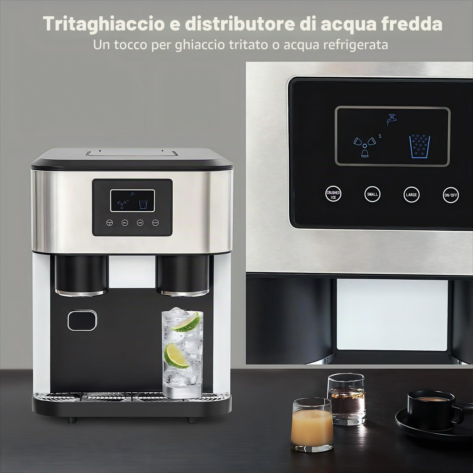 Macchina per cubetti di ghiaccio 3-in-1, 16 cubetti – Preparatore di cubetti di ghiaccio da tavolo con trita-ghiaccio e funzione di acqua fredda, 7-9 minuti per ciclo, per casa, bar, ufficio