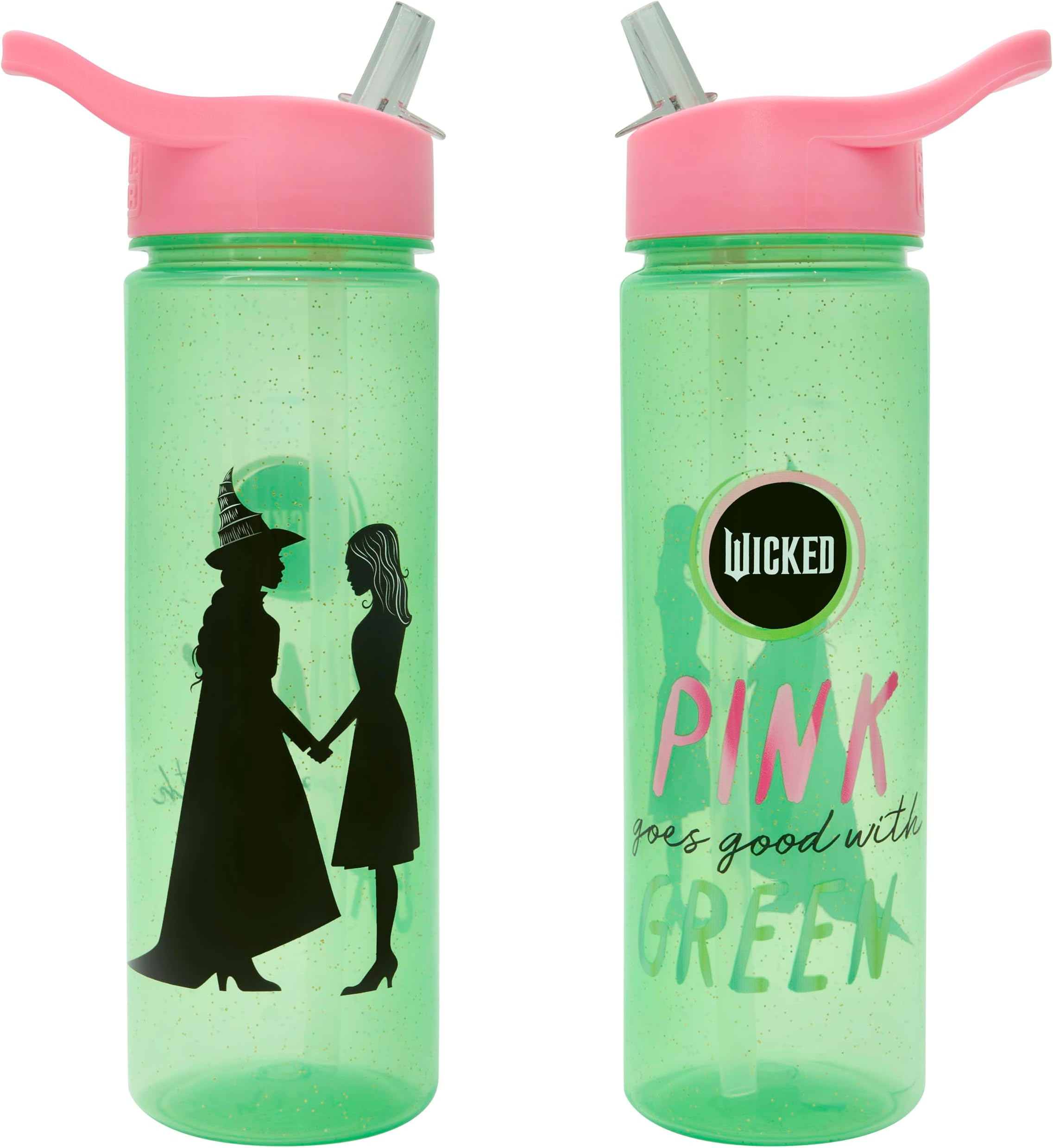 Wicked Universal Pictures 600ml Water Bottle with Straw by Polar Gear | Official Merchandise Girls Merch with Glinda & Elphaba | For Adult & Kids, Green & Pink
