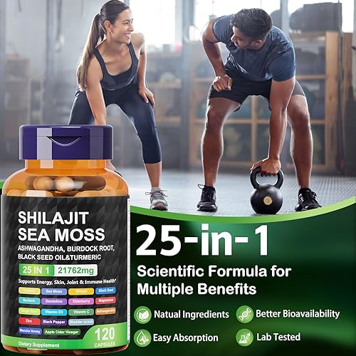 Miniatura 6 de Suplemento Shilajit 25 en 1 para energía e inmunidad, salud cerebral y apoyo a la digestión, musgo marino, ashwagandha, cúrcuma, semillas negras,