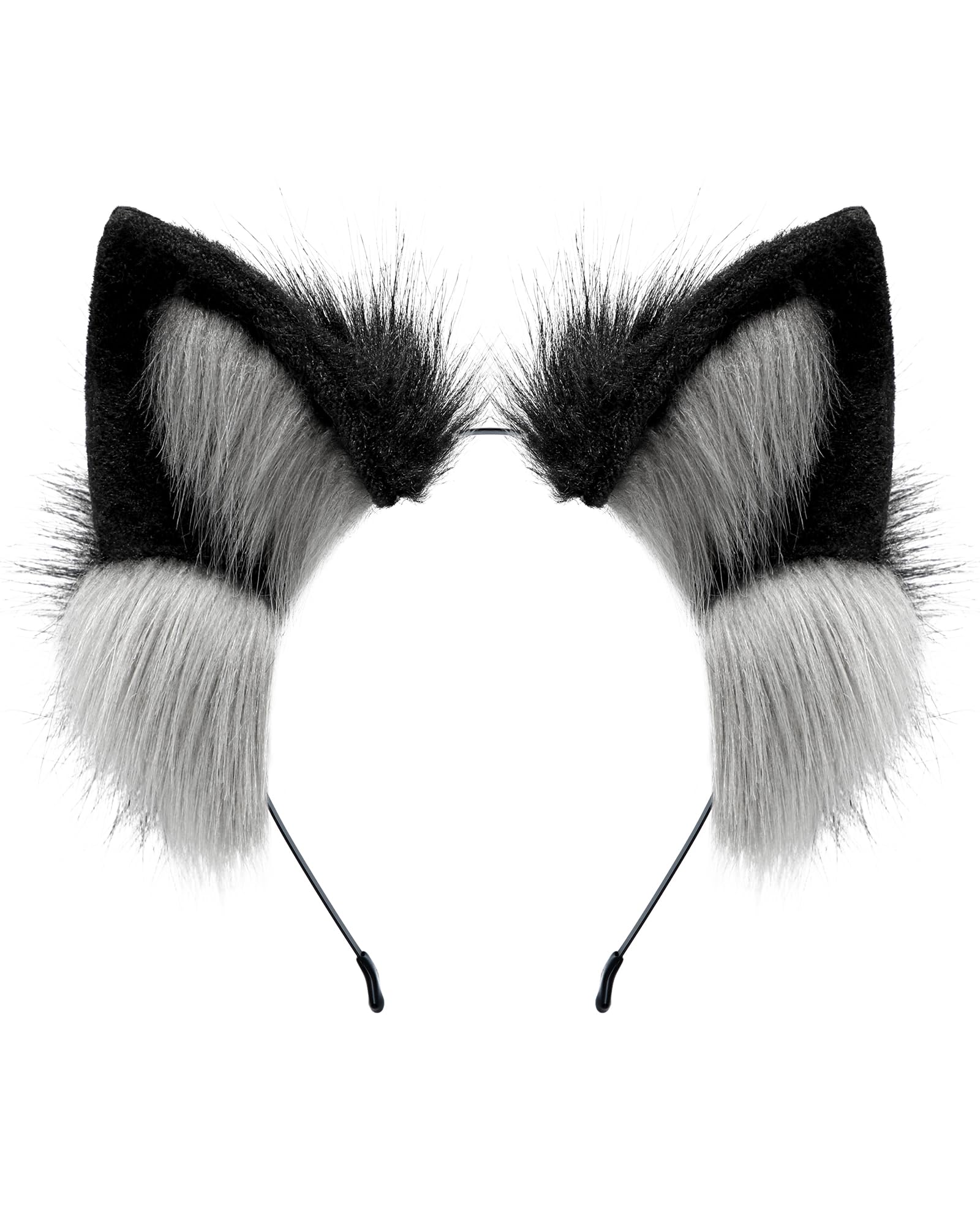 BNLIDES Handmade Fur Fox Wolf Cat Ears Headband Adult Cosplay Costume Accessories for Halloween (Grey Black)