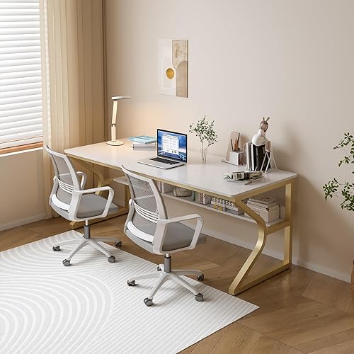 Miniatura 7 de Escritorio extra largo con estantería, mesa de escritura doble larga de 63 pulgadas para estación de trabajo de 2 personas, escritorio moderno para