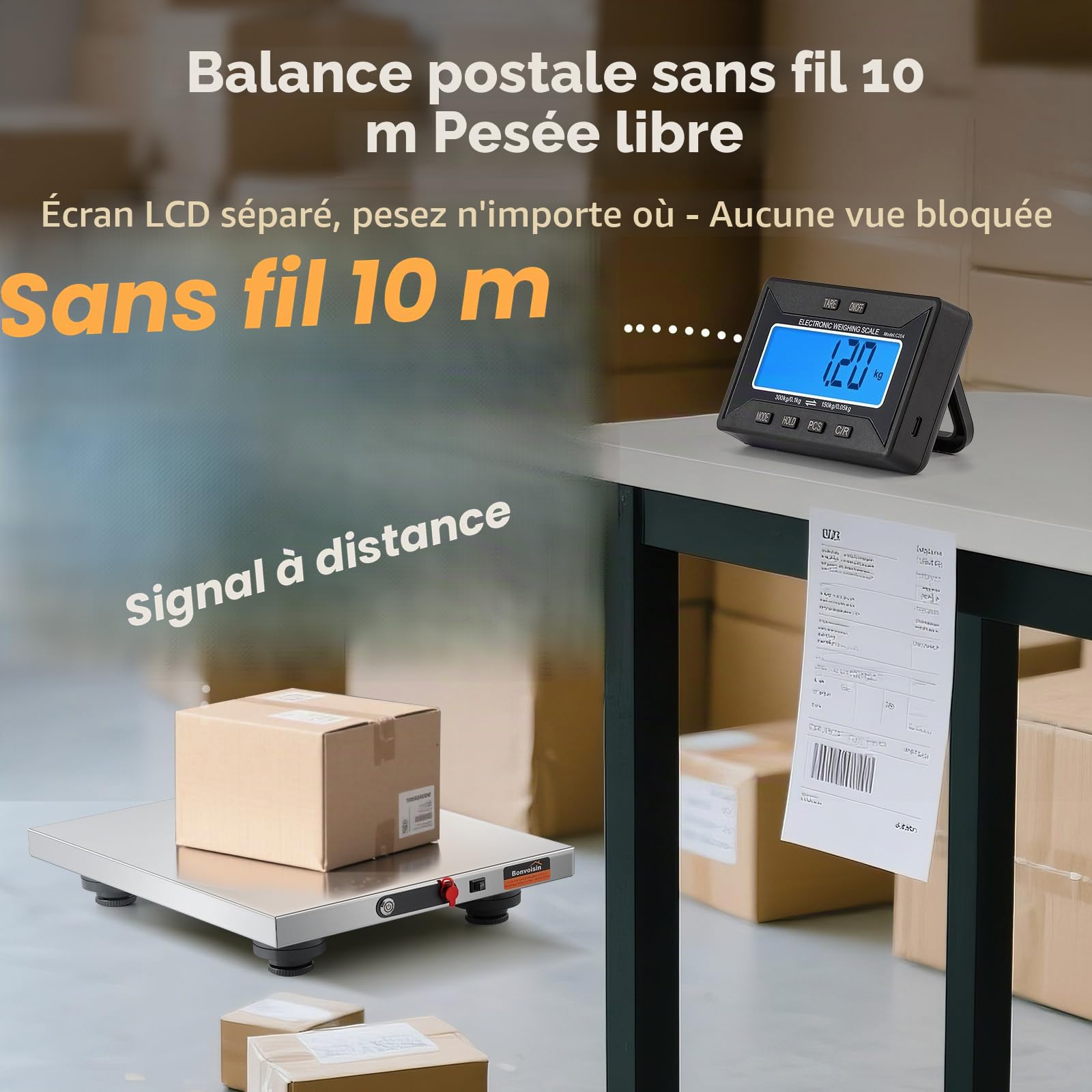 Bonvoisin Balance Postale Sans Fil 300kg, Portée 10m, Écran LCD Séparé