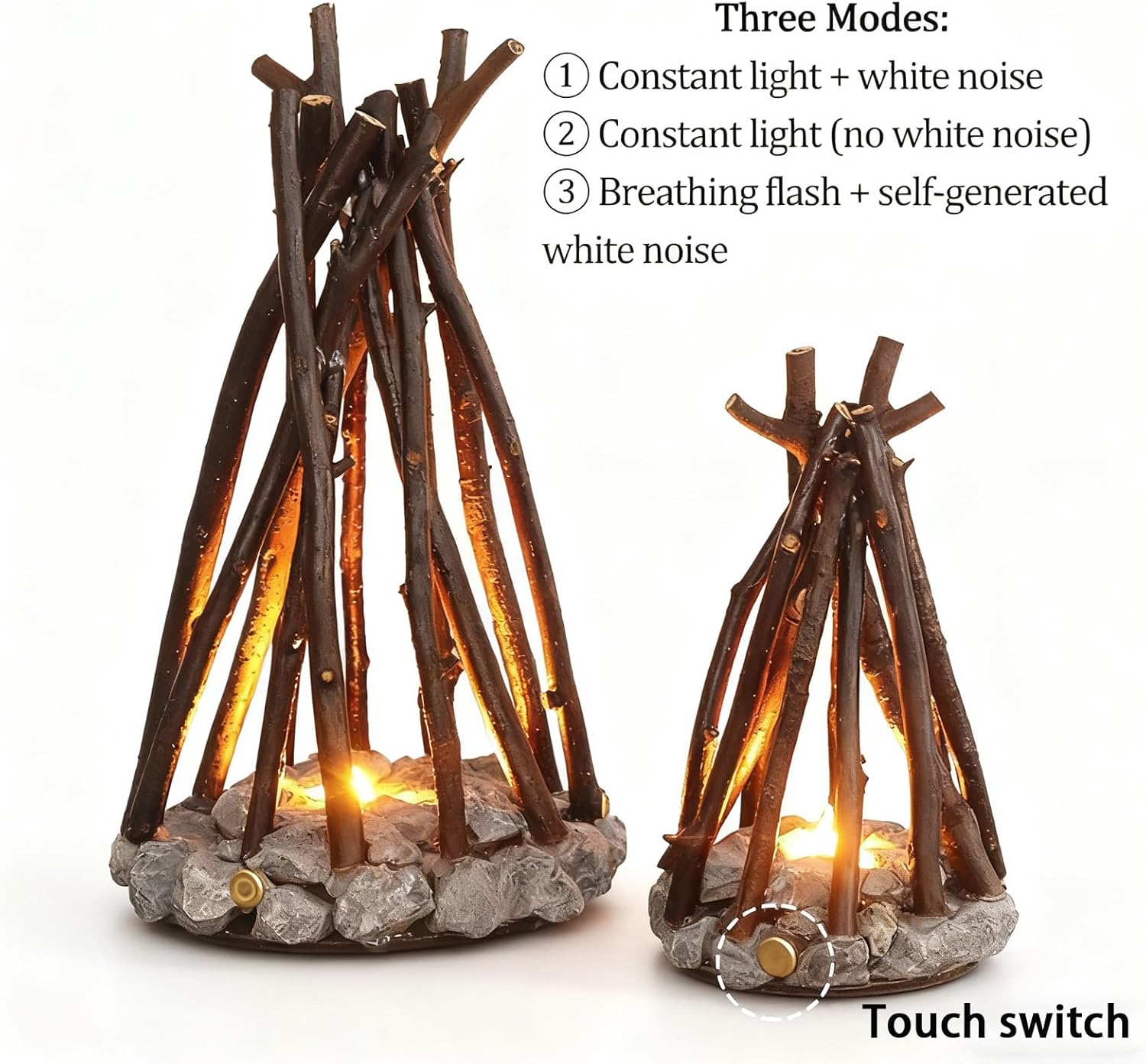 Wooden Campfire Night Light with Realistic Flame Sound, Dimmable LED Table Lamp (3 Modes), Cozy Fake Fire Decor for Bedroom, Office & Relaxation (M)