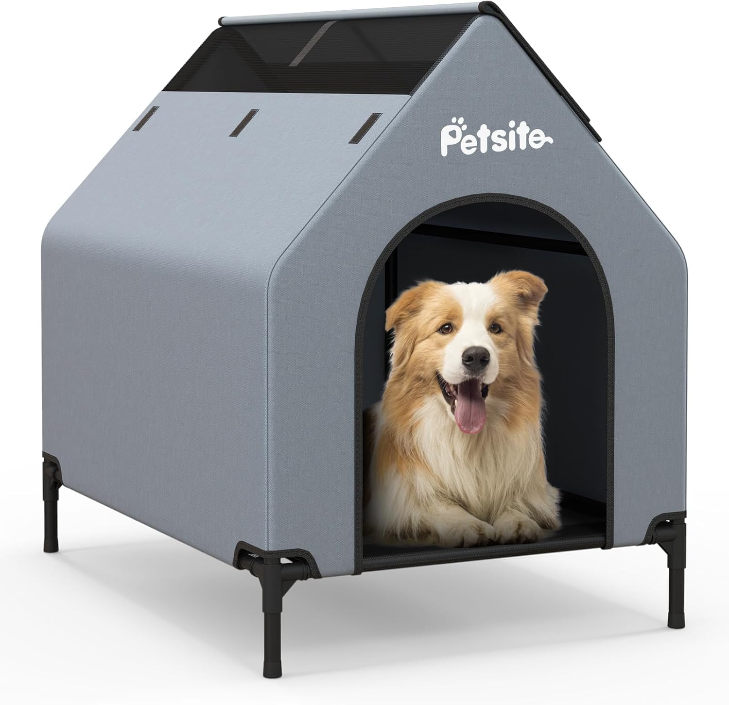 PETSITE 36 inch Dog House, Elevated Dog House Outdoor with Ventilated Windows, Removable Weatherproof 600D Oxford Canopy and Raised Mesh Dog Bed, Dog Tent, 36 x 25 x 34 inch
