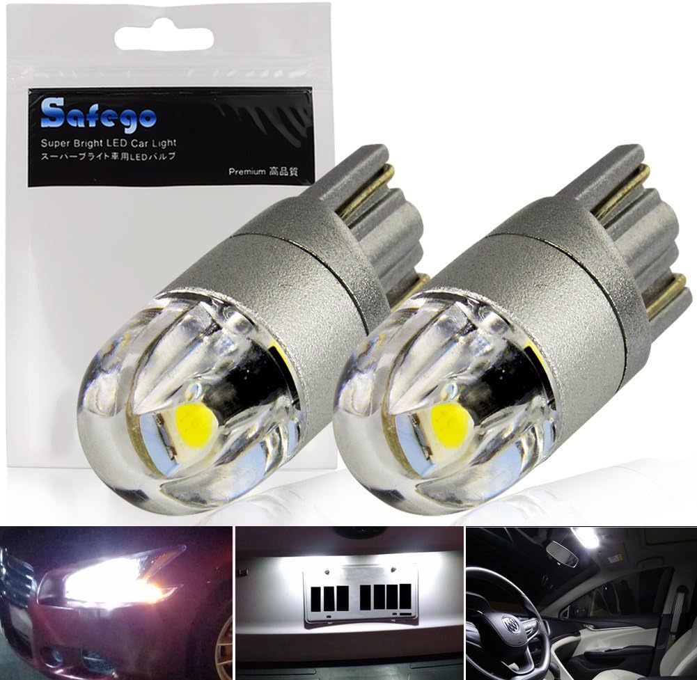 T10 W5W LED Bulb SAFEGO 168 194 501 Wedge LED Bulbs 2SMD 3030 Super Bright White for Car Interior Exterior Dome Map Door Courtesy License Plate Turn Signal Daytime Running Lights,Pack of 2