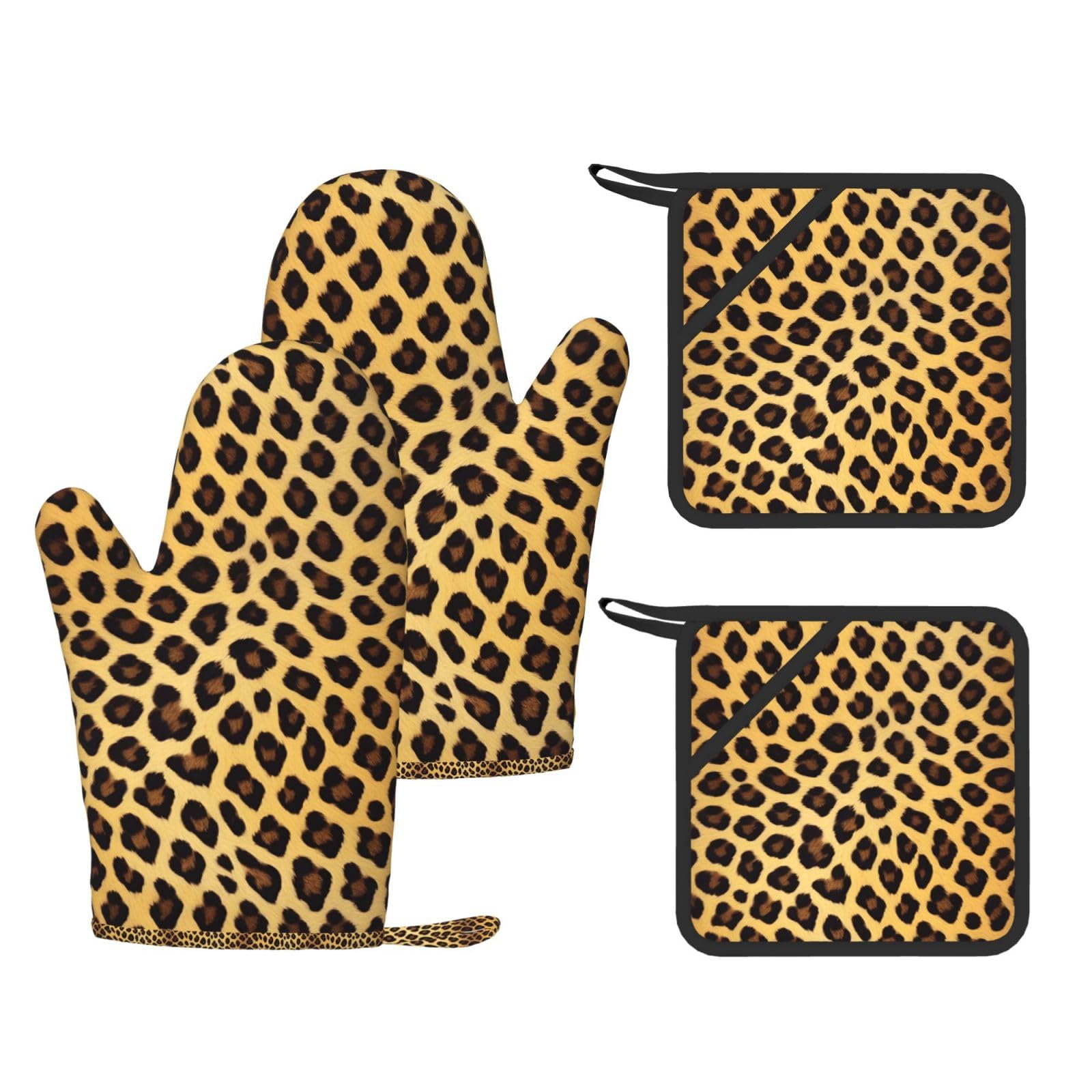 Leopard Pattern Print Kitchen Heat Resistant Set,Cooking Kit With Hanging Loop For Baking & Bbq