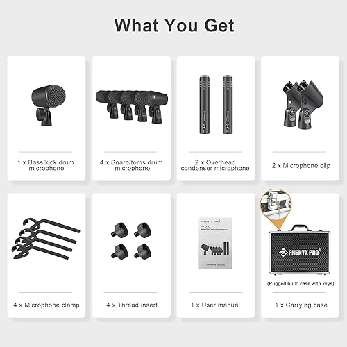 Miniatura 6 de Phenyx Pro Kit de micrófono de batería, juego de micrófono dinámico con cable de metal completo de 7 piezas para platillos bajostomtrampaHi-hat, con