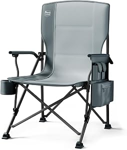 Scaun de camping pliabil supradimensionat TIMBER RIDGE pentru adulți, șezut lat de 62 cm, capacitate de 230 kg, gri, spătar înalt standard cu suport lombar