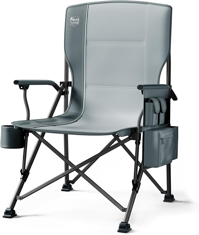 Scaun de camping pliabil supradimensionat TIMBER RIDGE pentru adulți, șezut lat de 62 cm, capacitate de 230 kg, gri, spătar înalt standard cu suport lombar