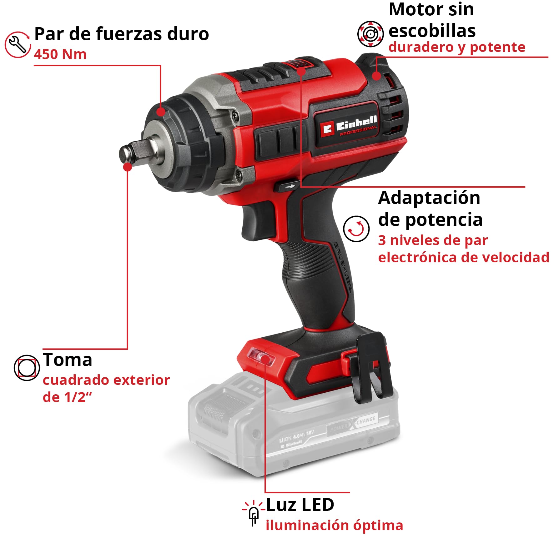 Einhell Professional Atornillador de impacto con batería IMPAXXO 18/450 Power X-Change (18 V, 450 Nm, 3 niveles de potencia, sin escobillas, recepción de 1/2", incl. set de tuercas, sin batería)