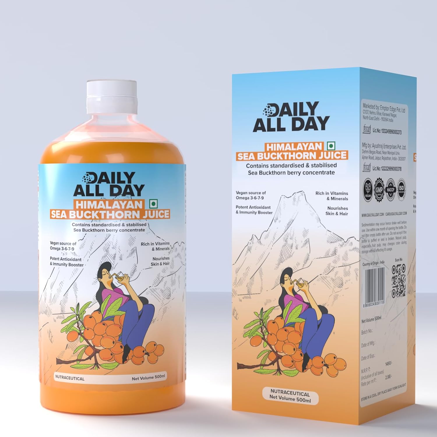 Himalayan Sea Buckthorn Juice Berry Pulp, Omega 7, 16.9 fl oz (500 ml), Liquid Supplement, Makes up to 30 Glasses, Rich in Vitamin C, Plant Based Omega 3 6 7 9