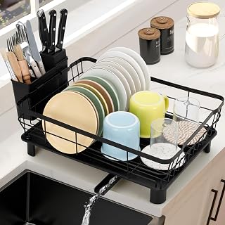 Cozary Dish Rack with 360° Swivel Spout, Dish Rack Carbon Steel with Drip Bowl Cutlery Holder, Space Saving Kitchen Counter Drip Rack (43 x 33 x 15 cm)