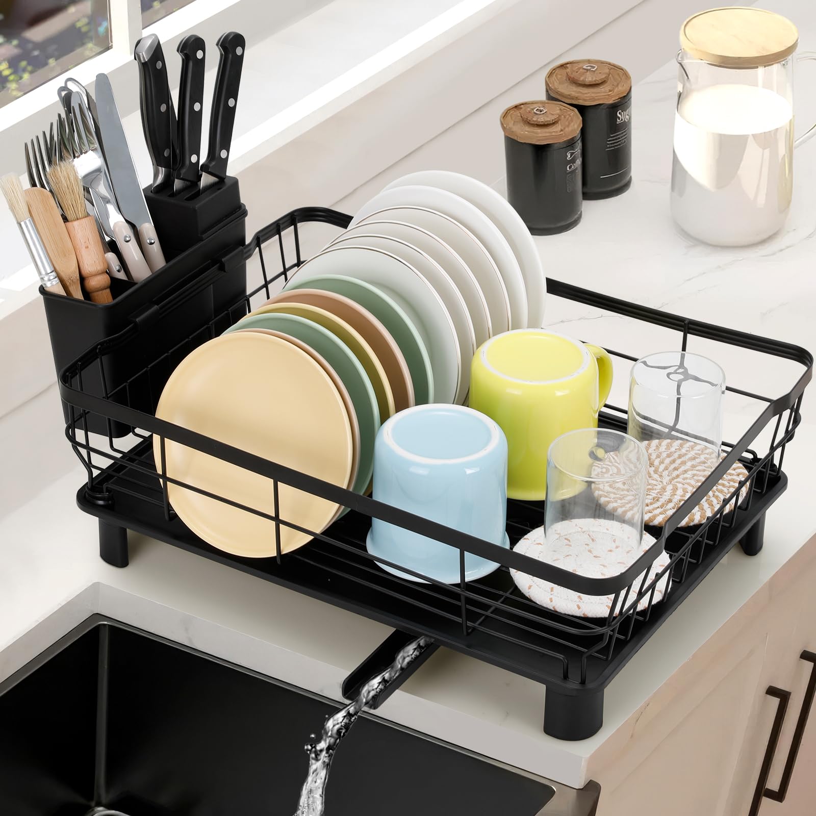 Cozary Dish Drainer with 360° Rotating Spout Carbon Steel with Drip Tray Cutlery Holder Space-Saving Drainer for Kitchen Counter 43 x 33 x 15 cm