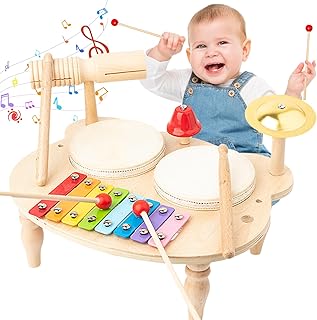 UCAMP Drum Kit 10-in-1 Musical Instruments for Children from 1-3 Years with Xylophone, Wooden Toy, Musical Percussion Instrument Table - Gift for Boys and Girls