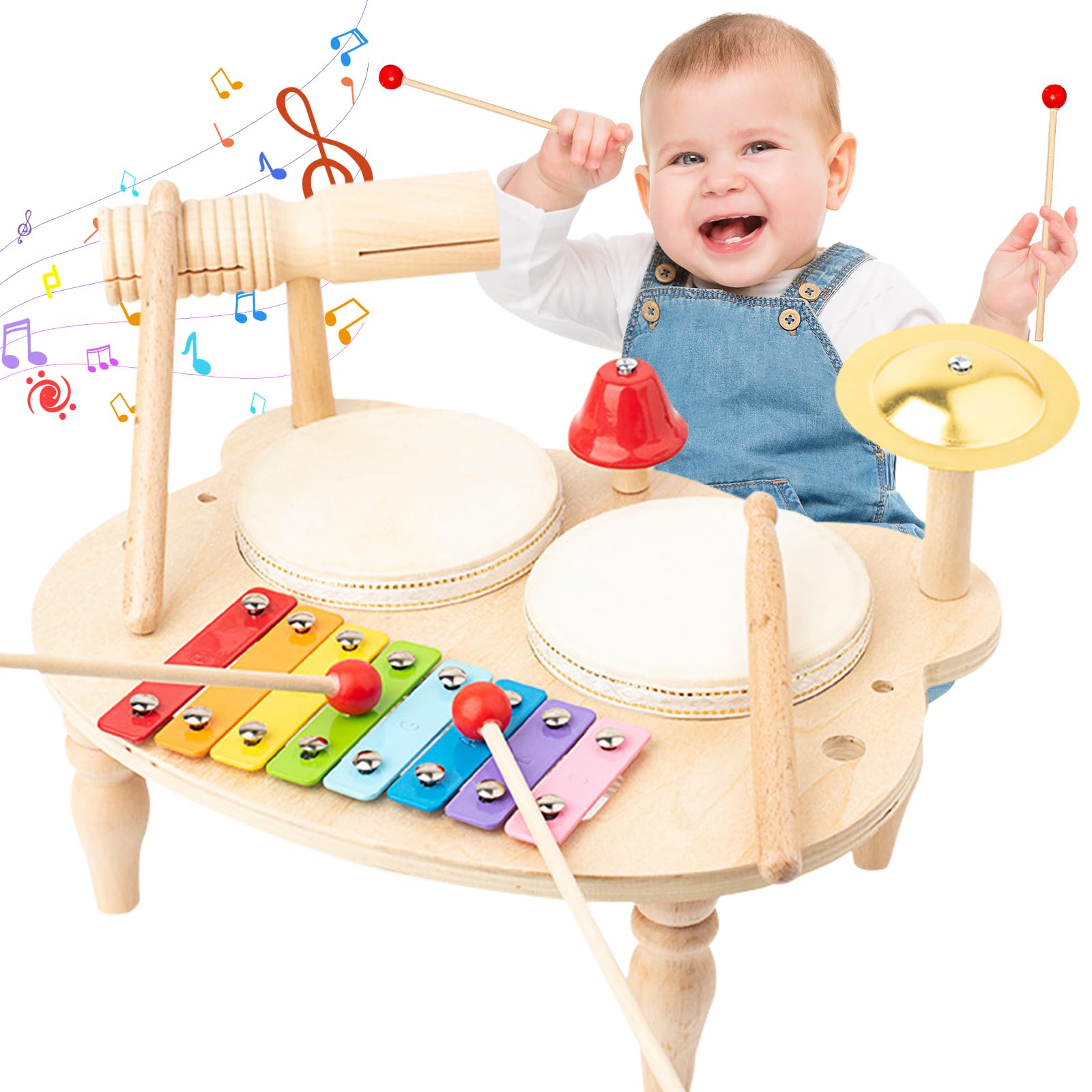 UCAMP Tambor Juguetes Musicales,Instrumentos Musicales de Madera para niños,Instrumentos Musicales Infantiles Bebe,10 IN 1 Juguetes de Madera Instrumentos Musicales Infantiles Regalo Niño 2 3 4 5 Años