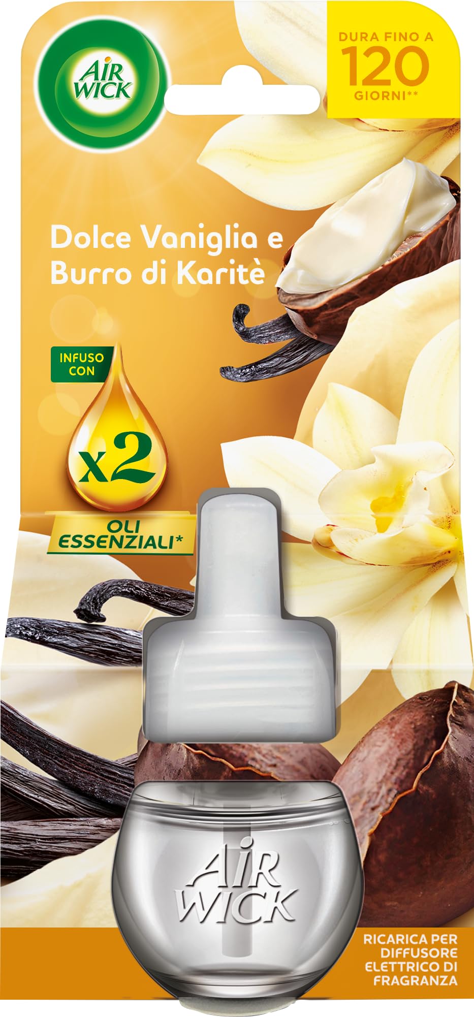 Air Wick Diffusore Elettrico di Oli Essenziali, 6 Ricariche per Diffusore Elettrico alla Fragranza Dolce Vaniglia e Burro di Karitè, Profumatore per Ambienti Elettrico con Oli Essenziali