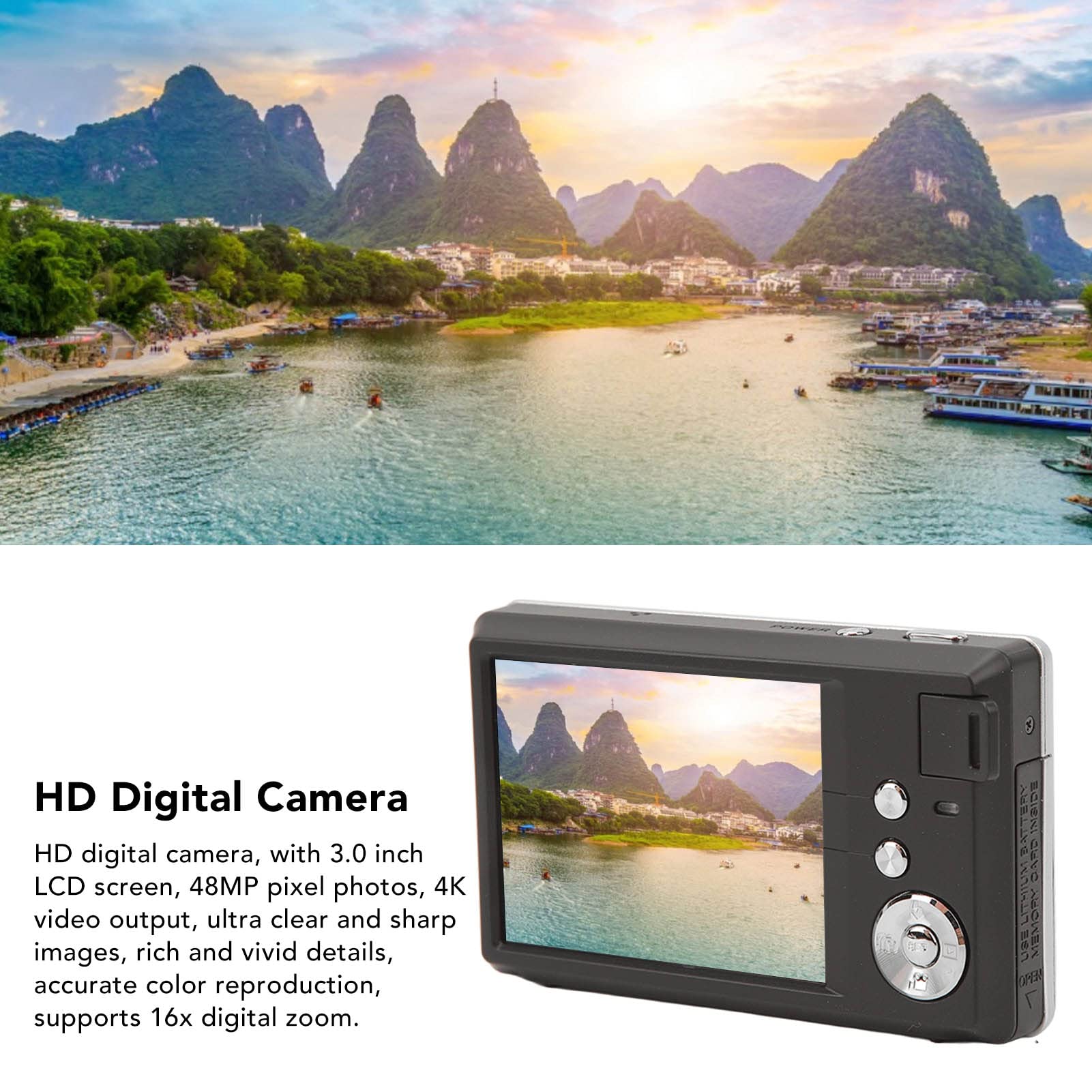 Aparat Cyfrowy, Kamera Wideo 4K z 16-krotnym Zoomem 48 MP i 3-calowym Ekranem LCD, Kompaktowy Aparat z Systemem Przeciwwstrząsowym ze światłem Wypełniającym i Długim Czasem Pracy