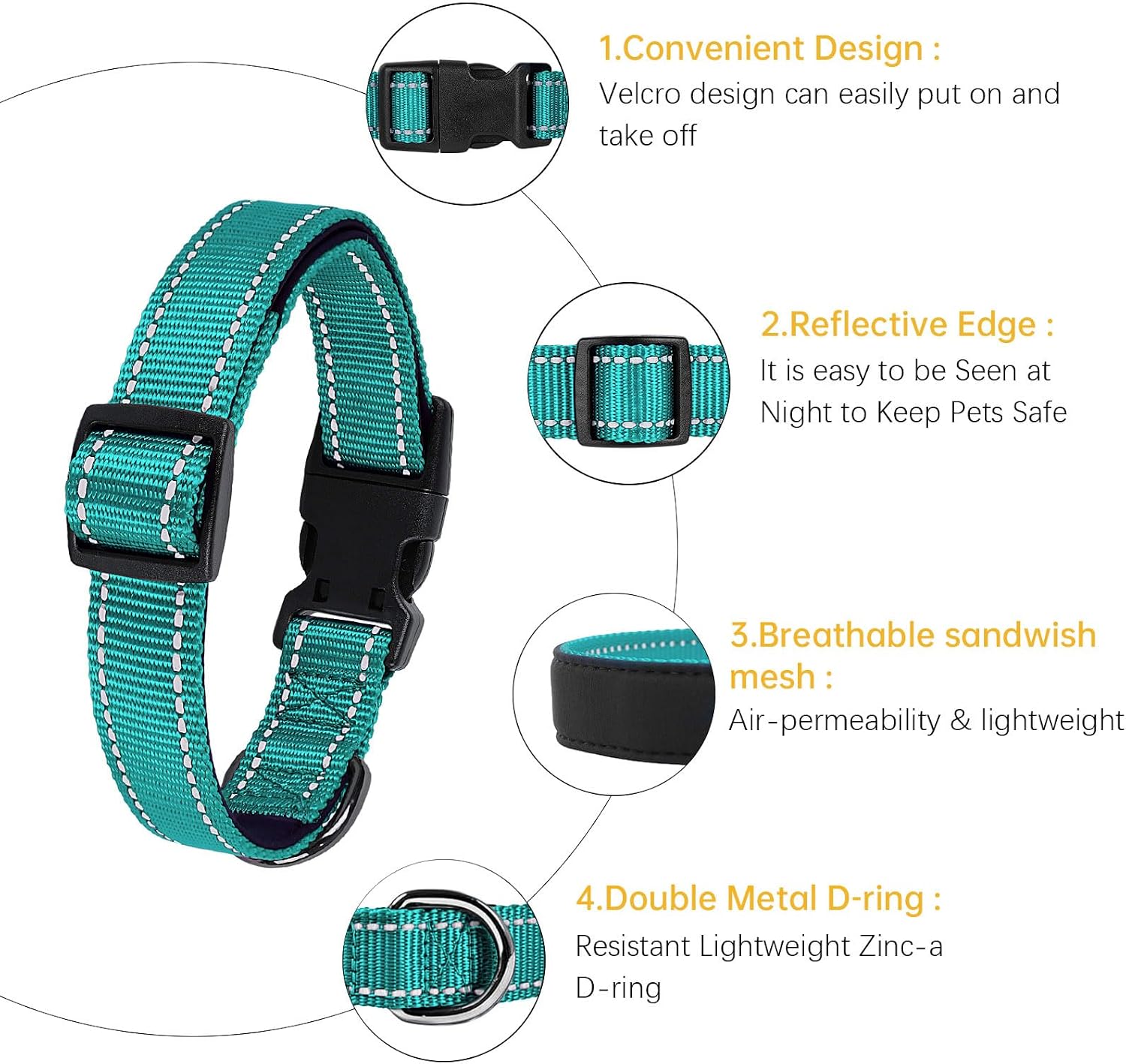 HEELE Dog Collar, Reflective Dog Collar, Soft Neoprene Padded Breathable Nylon Pet Collar Adjustable for Large Dogs, Turquoise, L(15.74-25.98") image 2