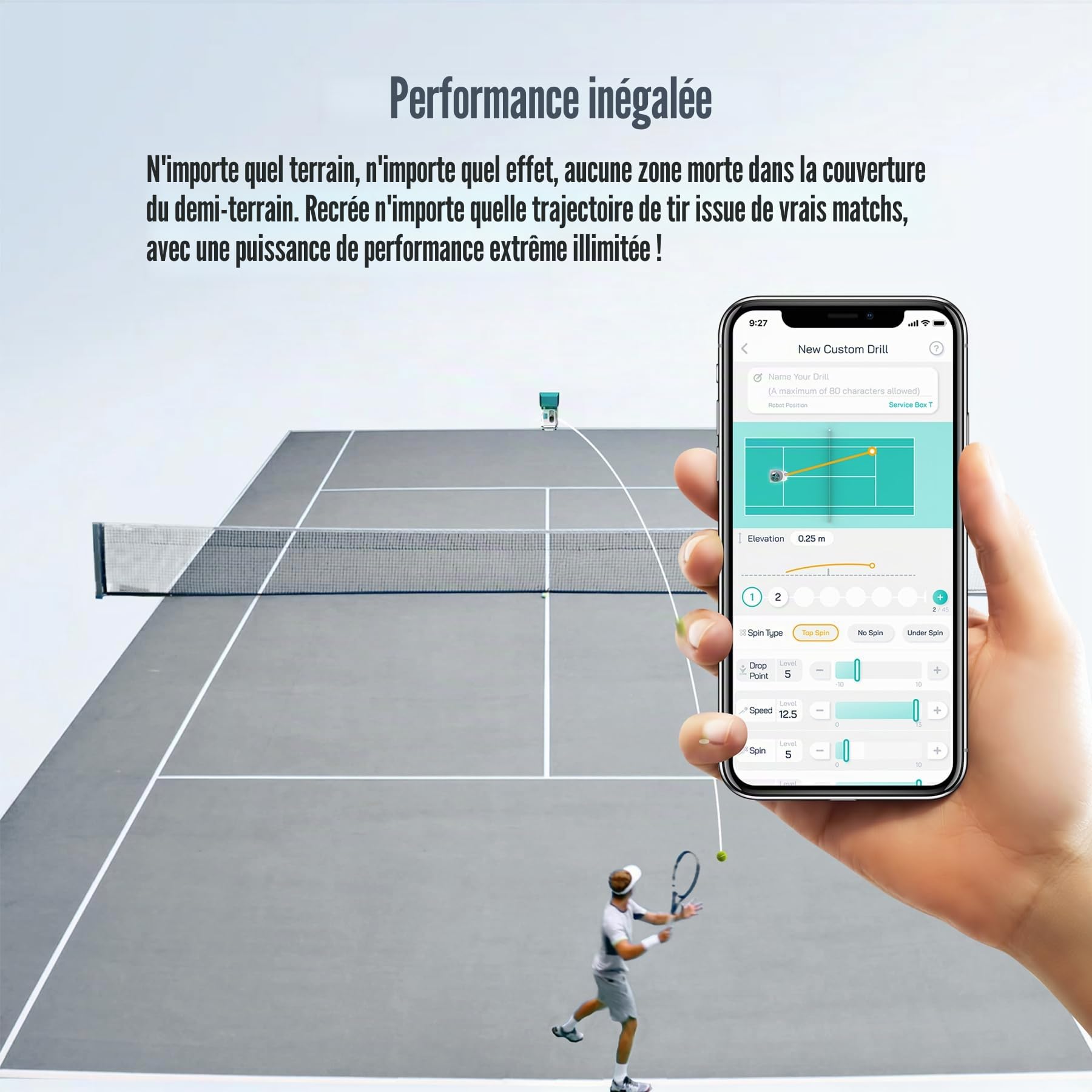PONGBOT Machine à balles de tennis, application et télécommande, perceuses personnalisées, capacité de 150 balles, max 80 mph, plus de 80 heures d'endurance, double moteur pour Topspin et Backspin