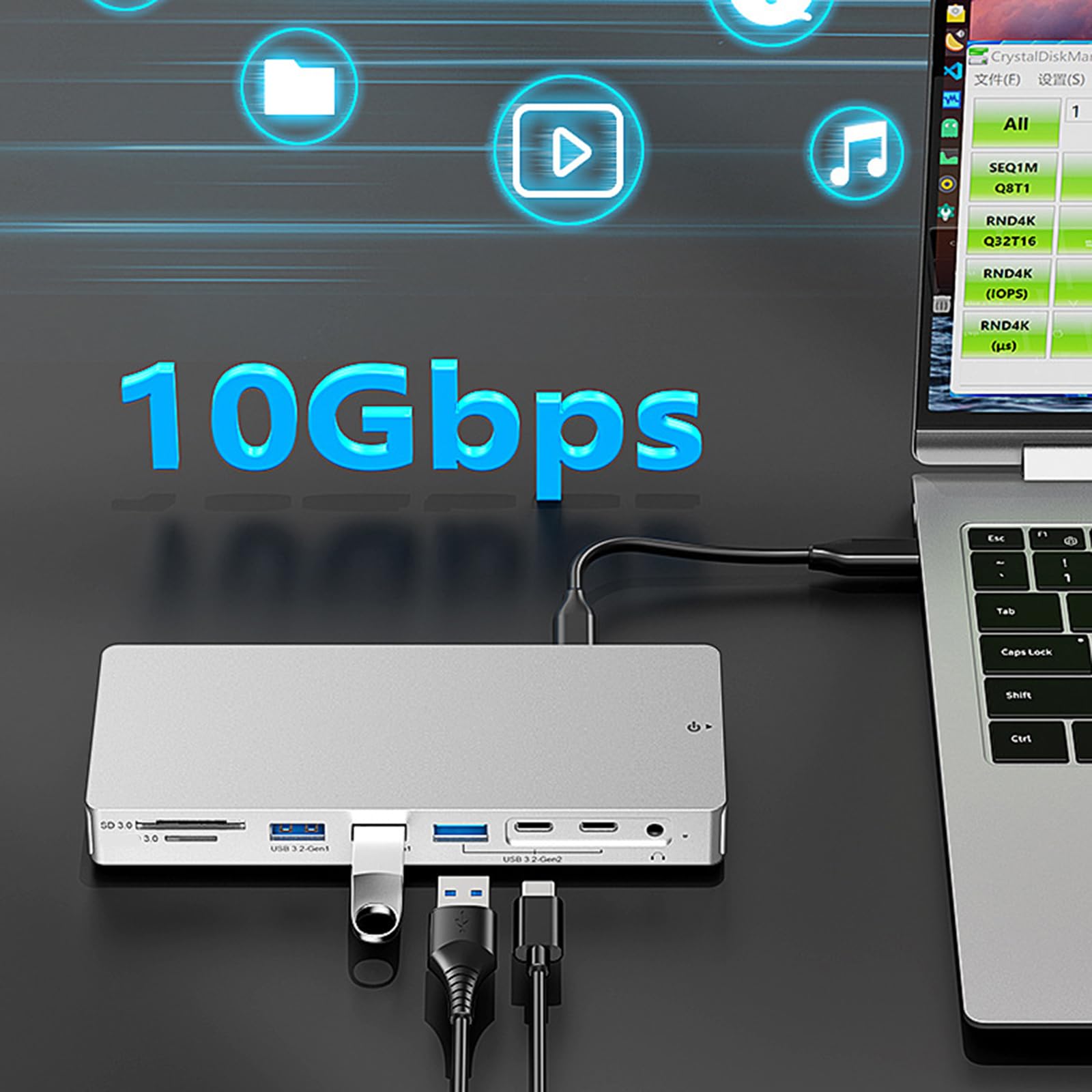 Docking Station USB C in Alluminio 14 Porte 4K 60Hz HDTV 100WPD Lettore schede Ricarica Rapida per Dock per Lettore schede per Laptop