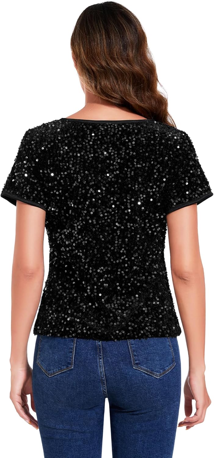 Anna-Kaci Women's Sparkly Sequin Velvet Tops Short Sleeve Crew Neck Shirt Party Club Blouse - Image 4